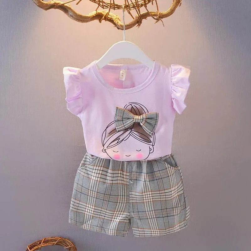 2pcs Sweet Plaid Little Girl Print T-shirt and Pants