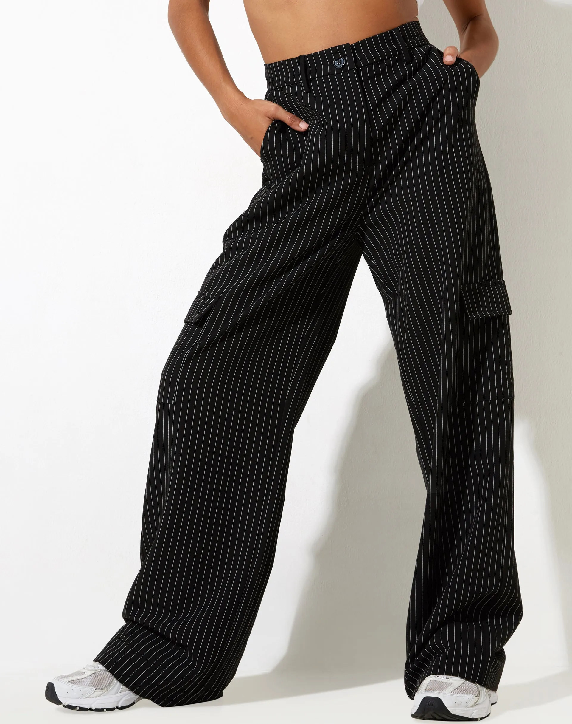 Abba Cargo Trouser in Pinstripe Black