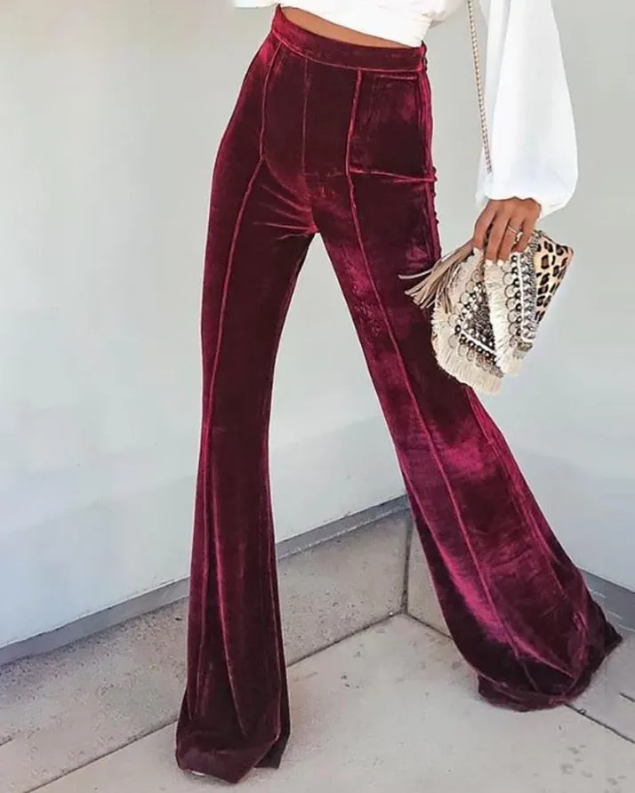 Amy Fashion - Casual Velvet High Waist Flared Pants