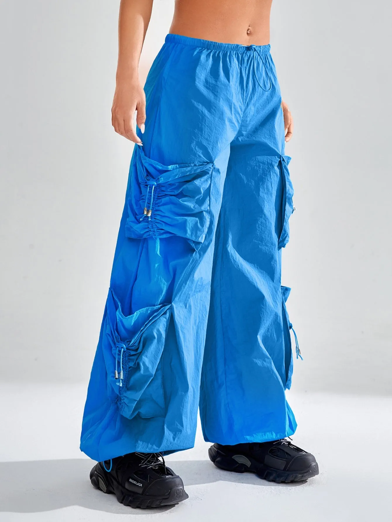 Amy Fashion - Drawstring Waist Flap Pocket Parachute Cargo Pants