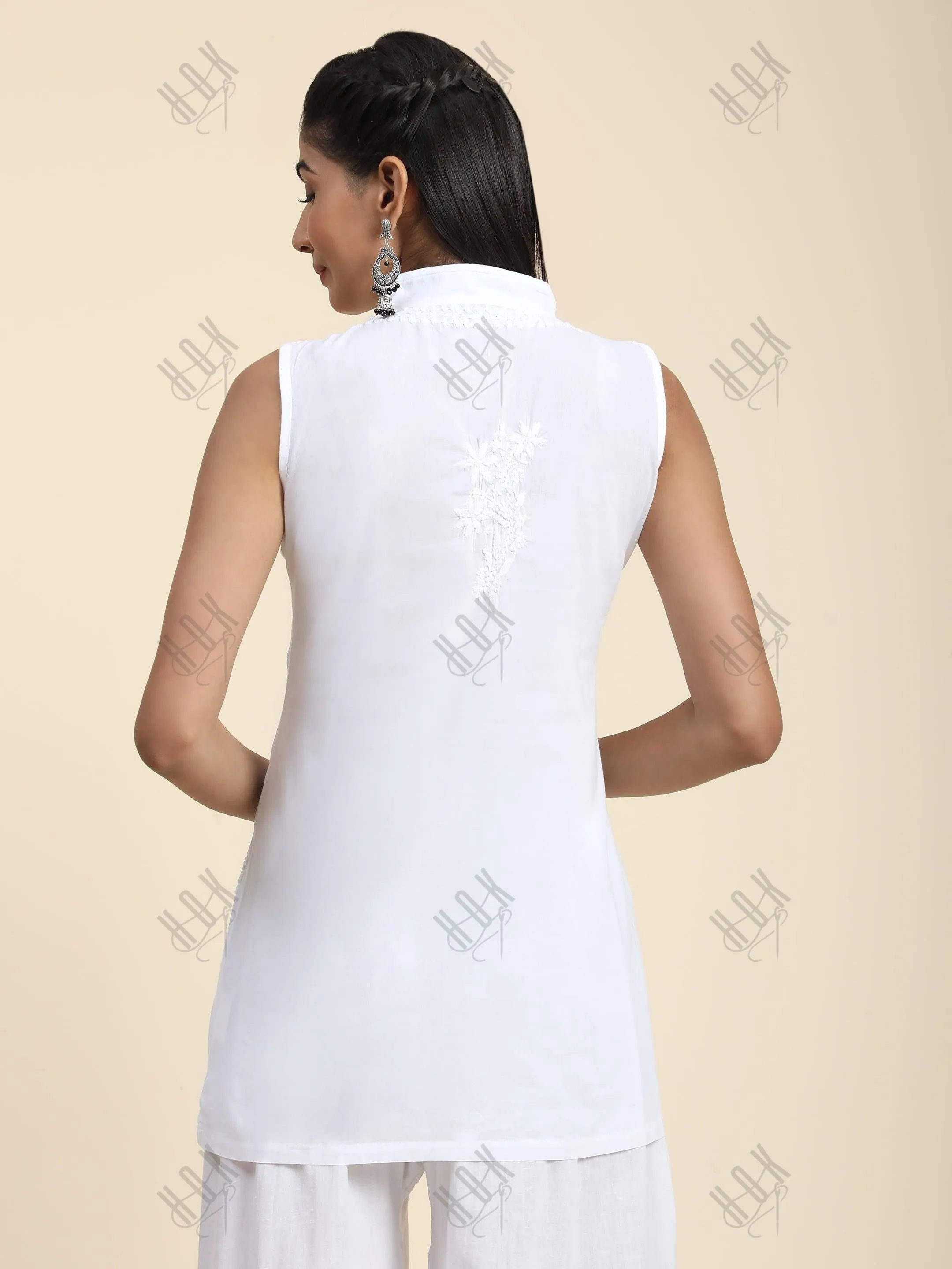 Anoushka in Noor Sleeveless Hand Embroidery Chikankari Printed Short Cotton Tunics-White