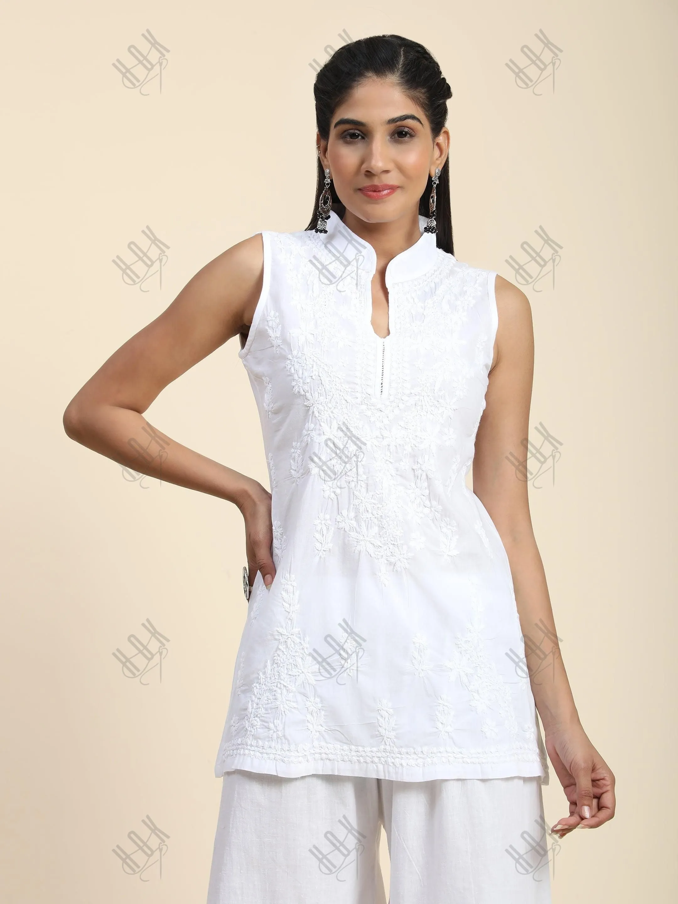 Anoushka in Noor Sleeveless Hand Embroidery Chikankari Printed Short Cotton Tunics-White