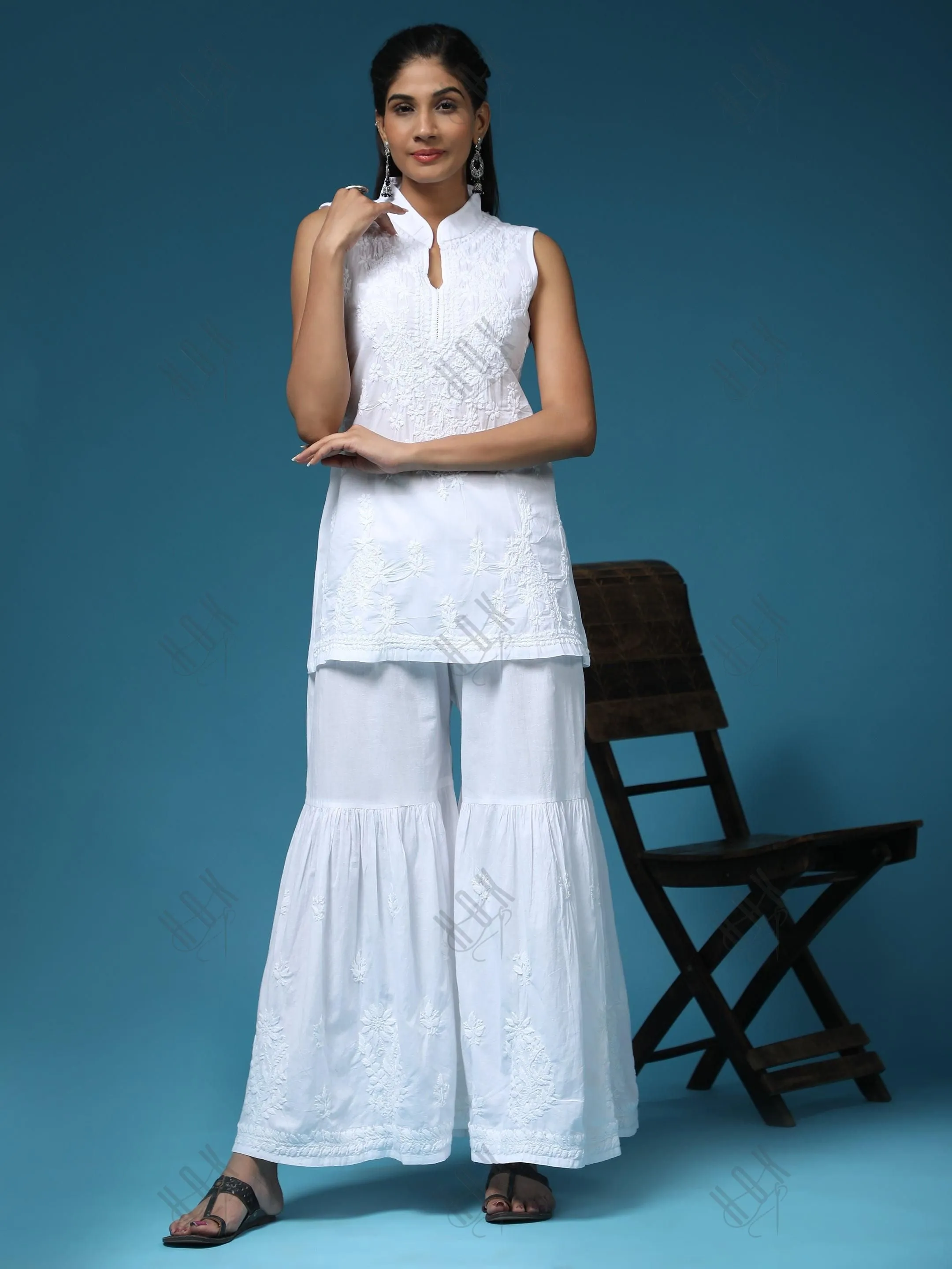 Anoushka in Noor Sleeveless Hand Embroidery Chikankari Printed Short Cotton Tunics-White