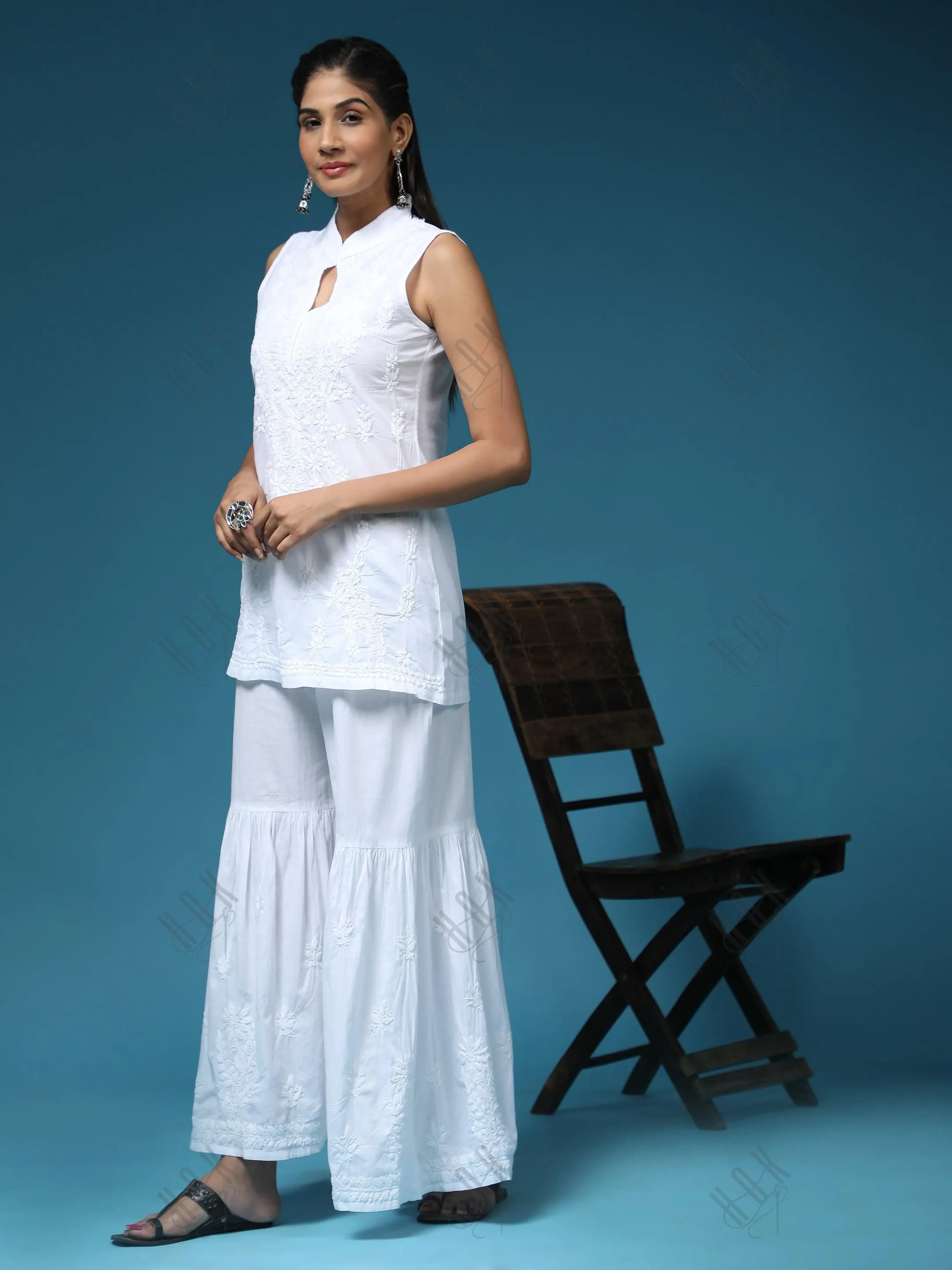 Anoushka in Noor Sleeveless Hand Embroidery Chikankari Printed Short Cotton Tunics-White