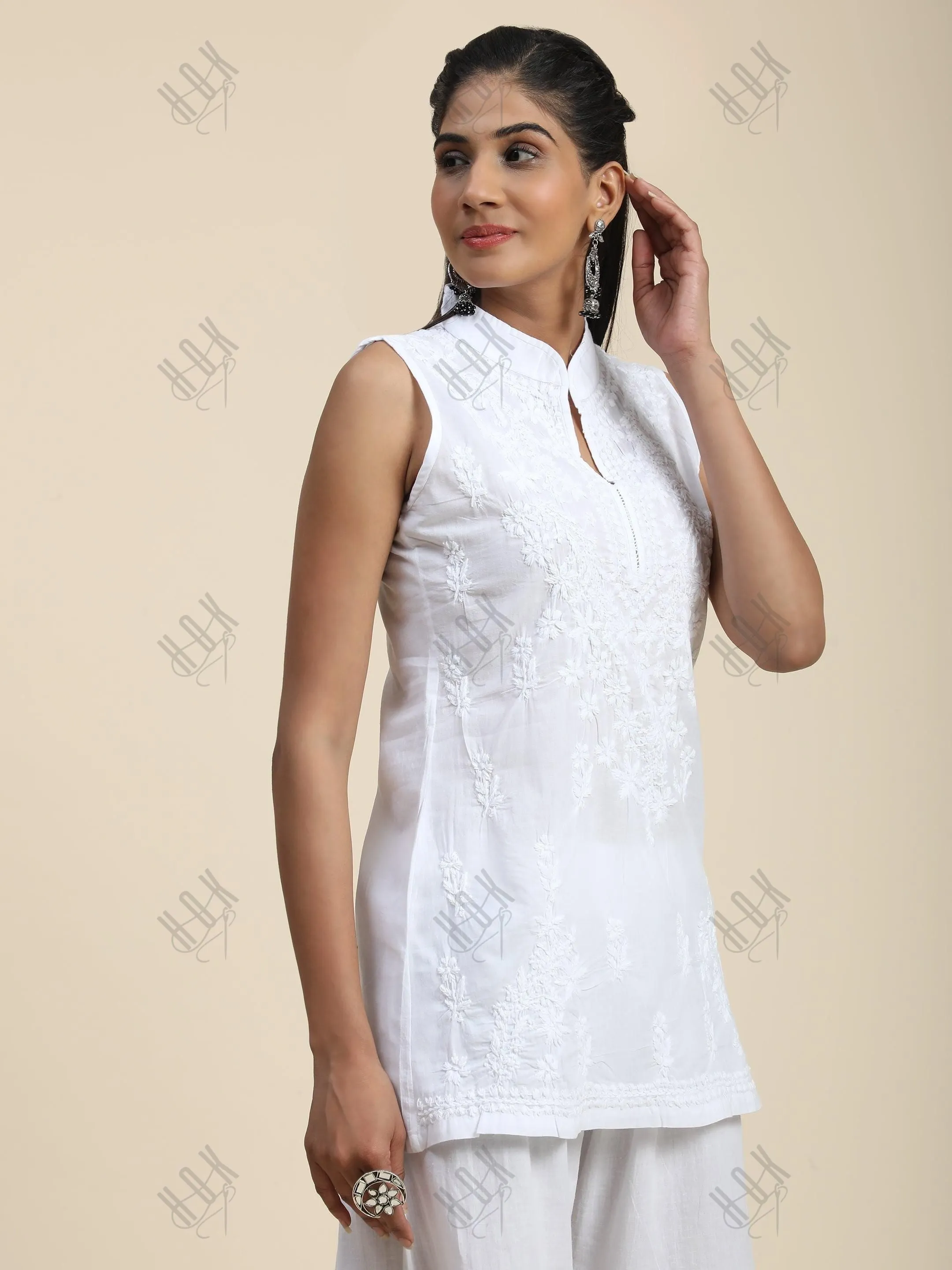 Anoushka in Noor Sleeveless Hand Embroidery Chikankari Printed Short Cotton Tunics-White