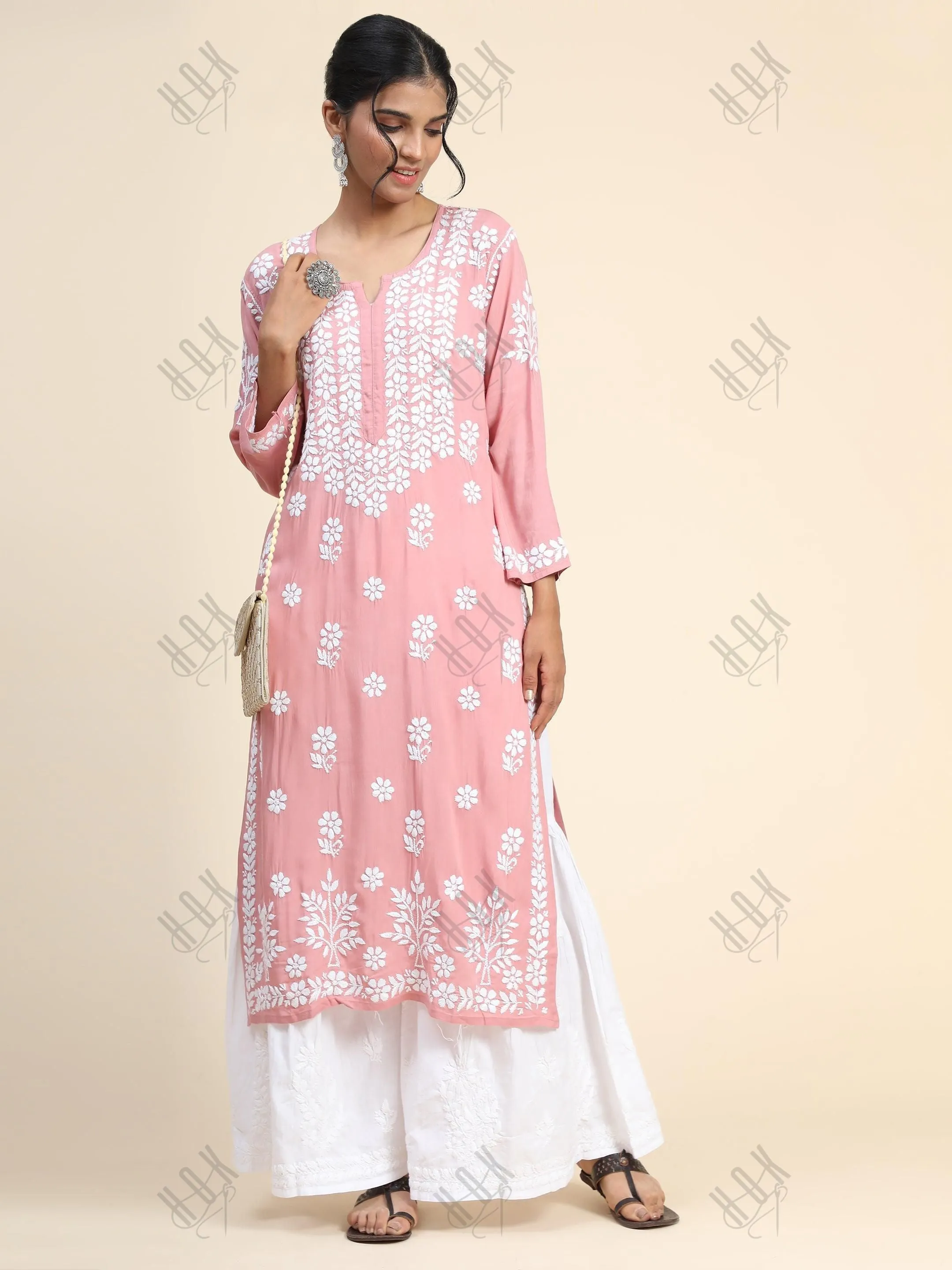 Arti Chauhan in Premium Hand Embroidery Chikankari Kurta Modal Cotton- Pink