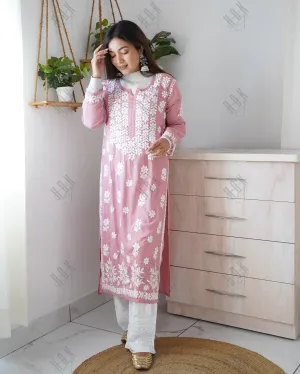 Arti Chauhan in Premium Hand Embroidery Chikankari Kurta Modal Cotton- Pink