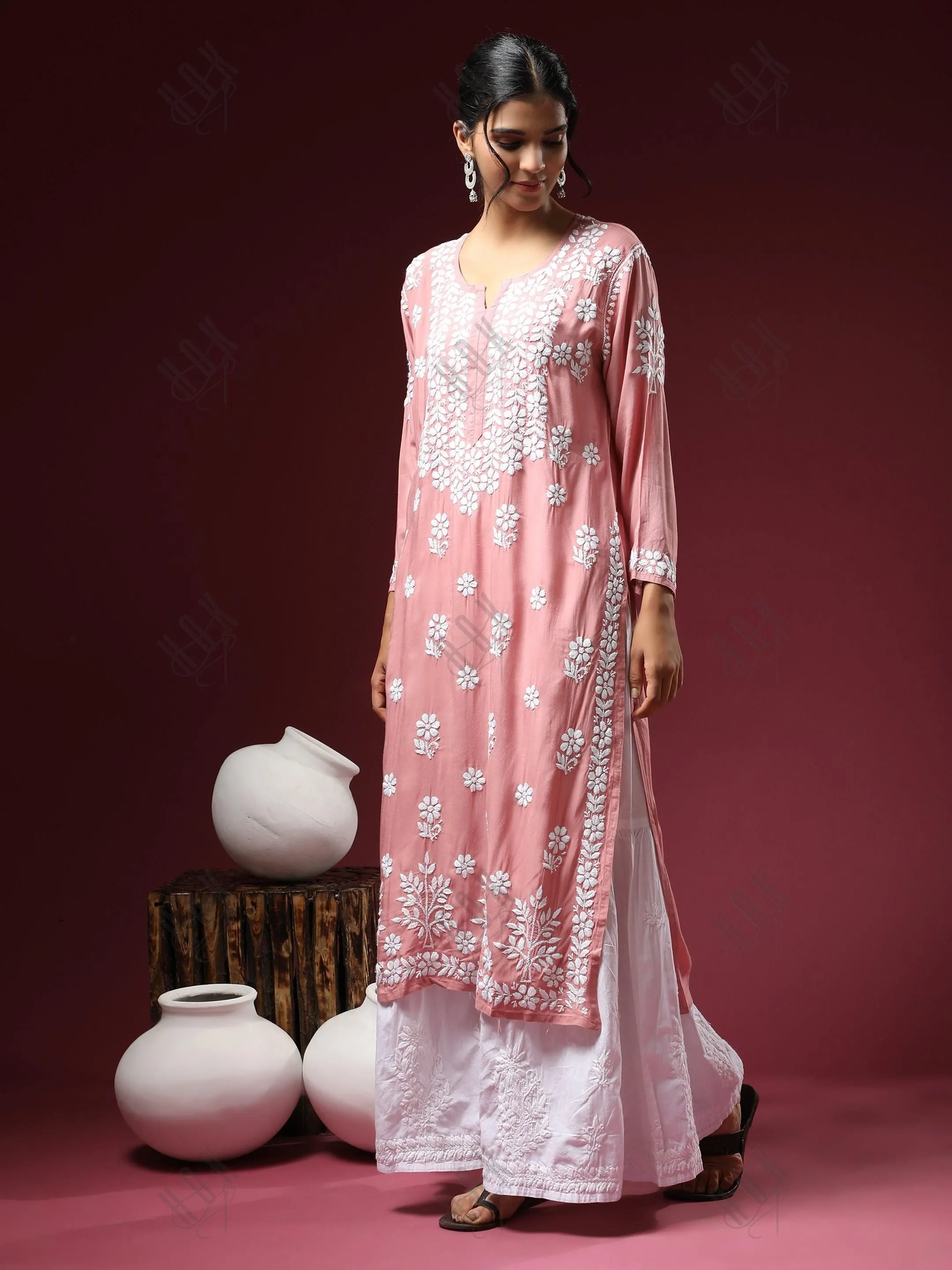 Arti Chauhan in Premium Hand Embroidery Chikankari Kurta Modal Cotton- Pink