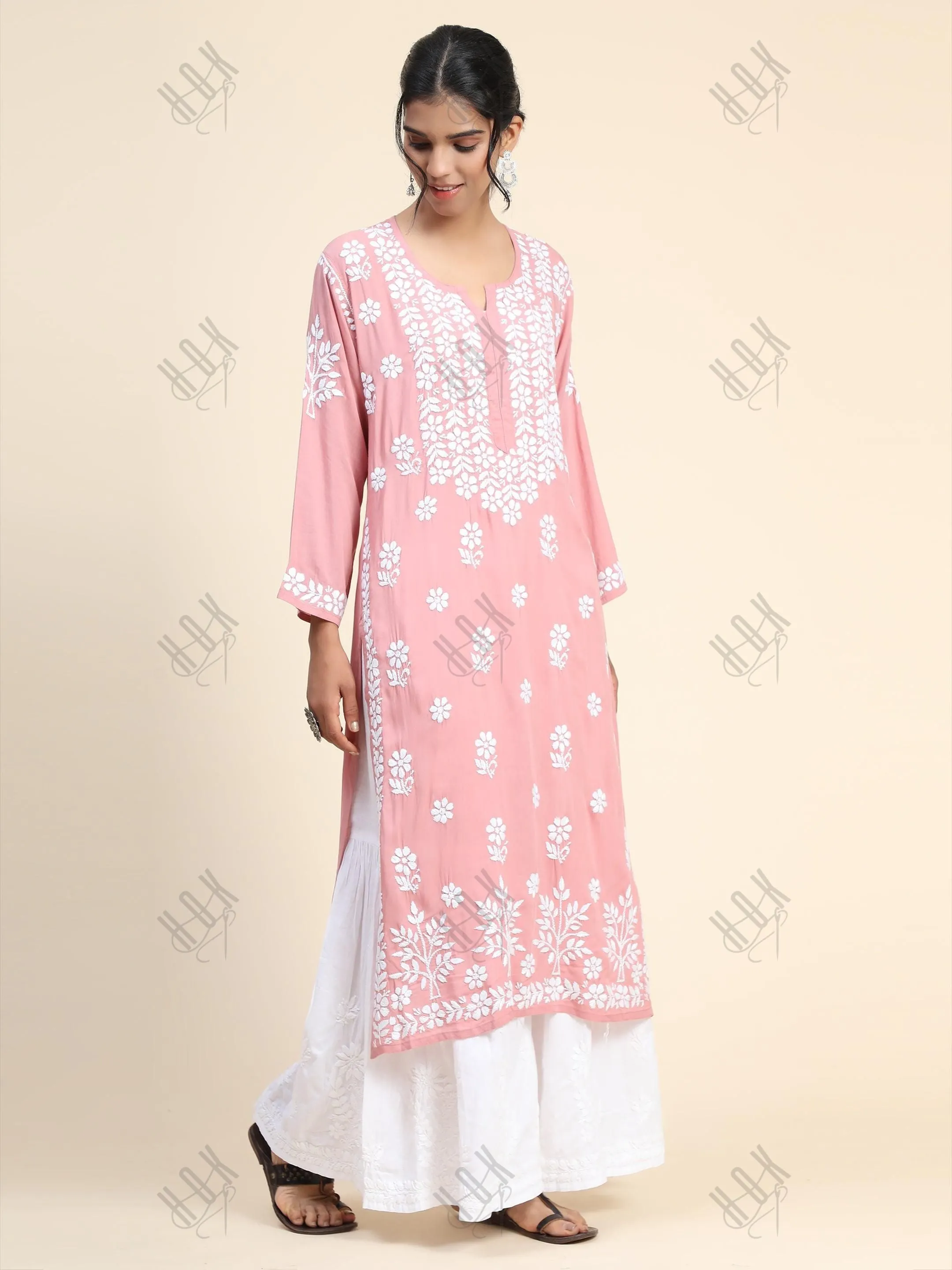 Arti Chauhan in Premium Hand Embroidery Chikankari Kurta Modal Cotton- Pink