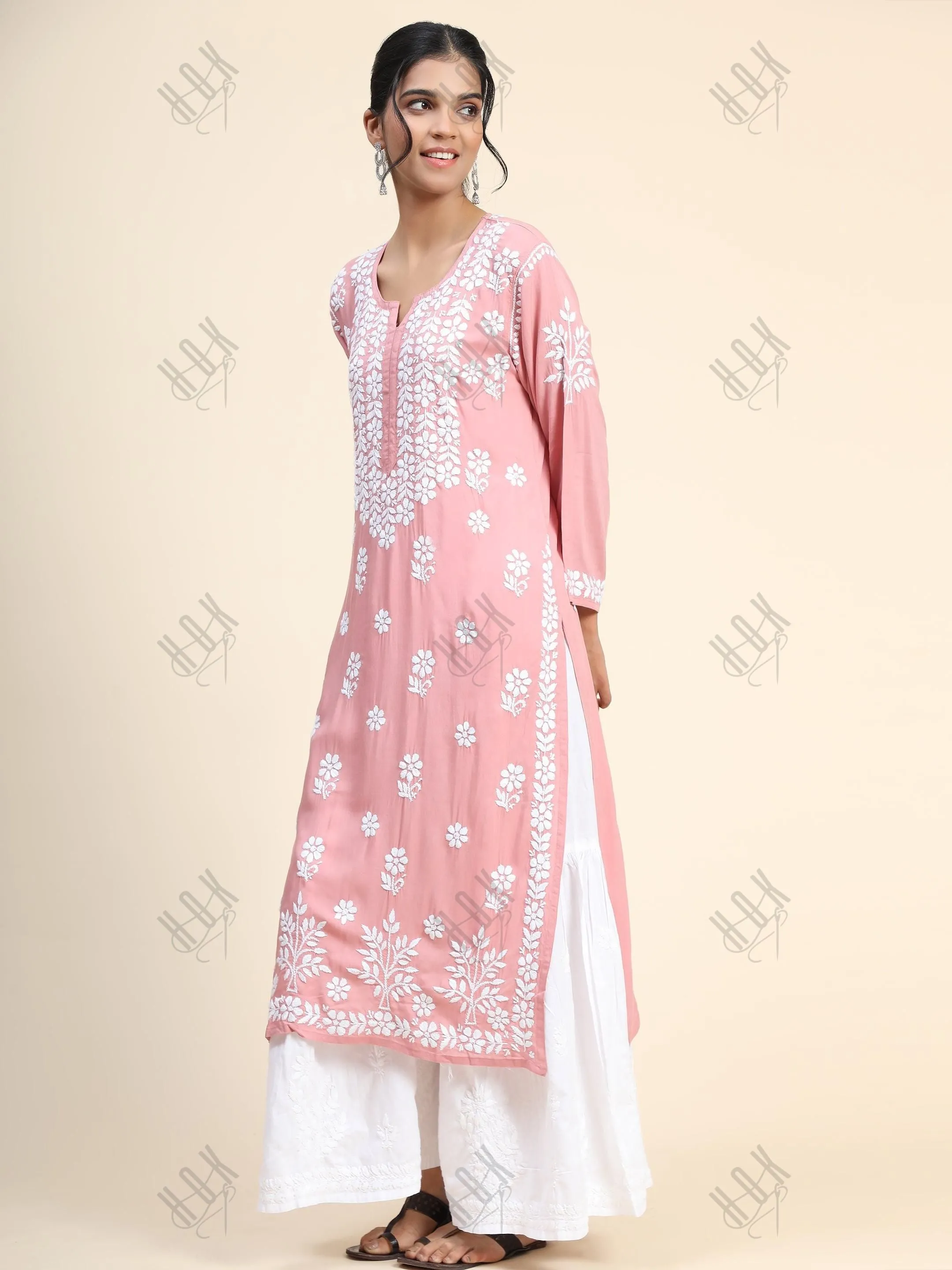 Arti Chauhan in Premium Hand Embroidery Chikankari Kurta Modal Cotton- Pink