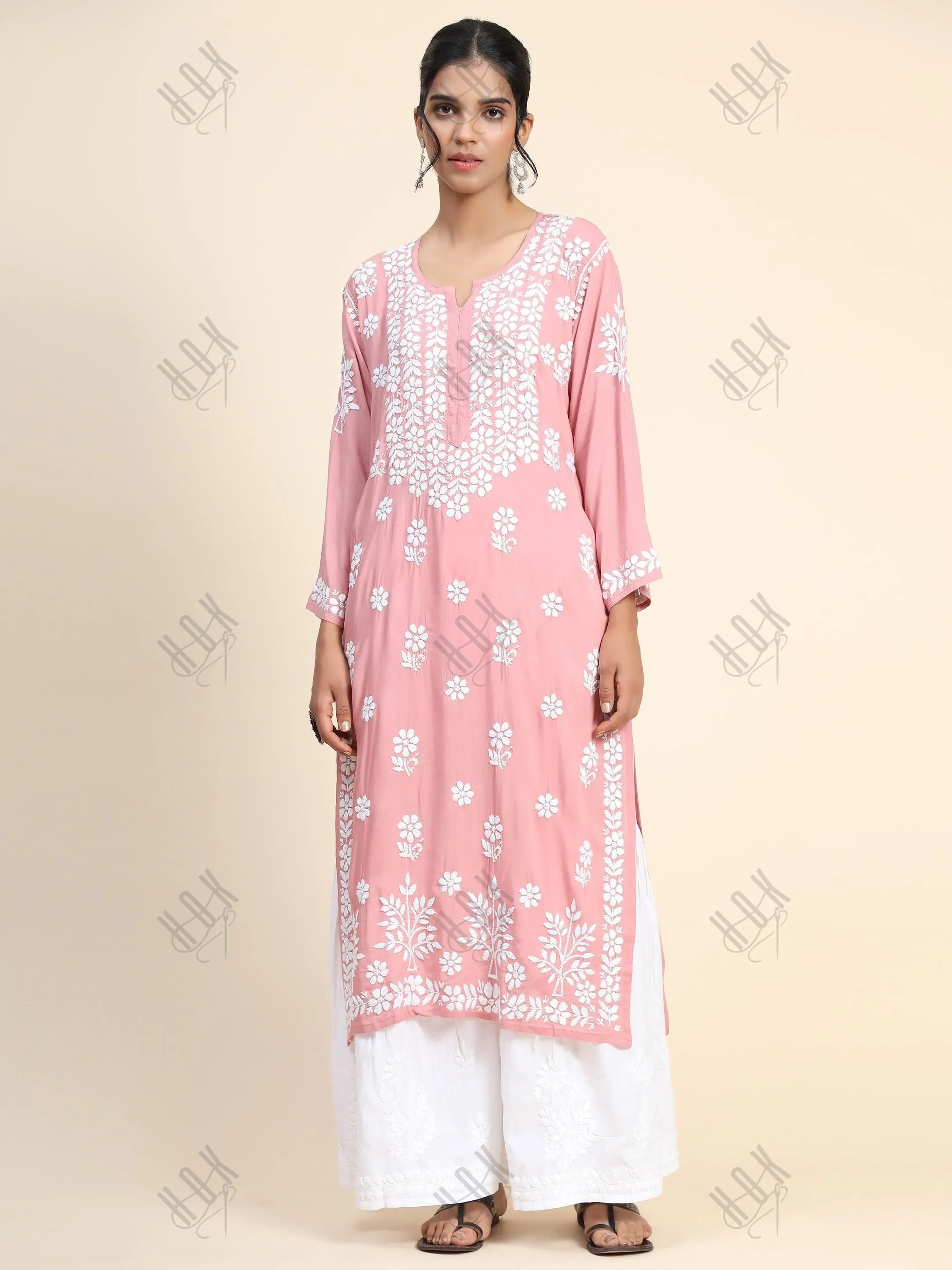 Arti Chauhan in Premium Hand Embroidery Chikankari Kurta Modal Cotton- Pink