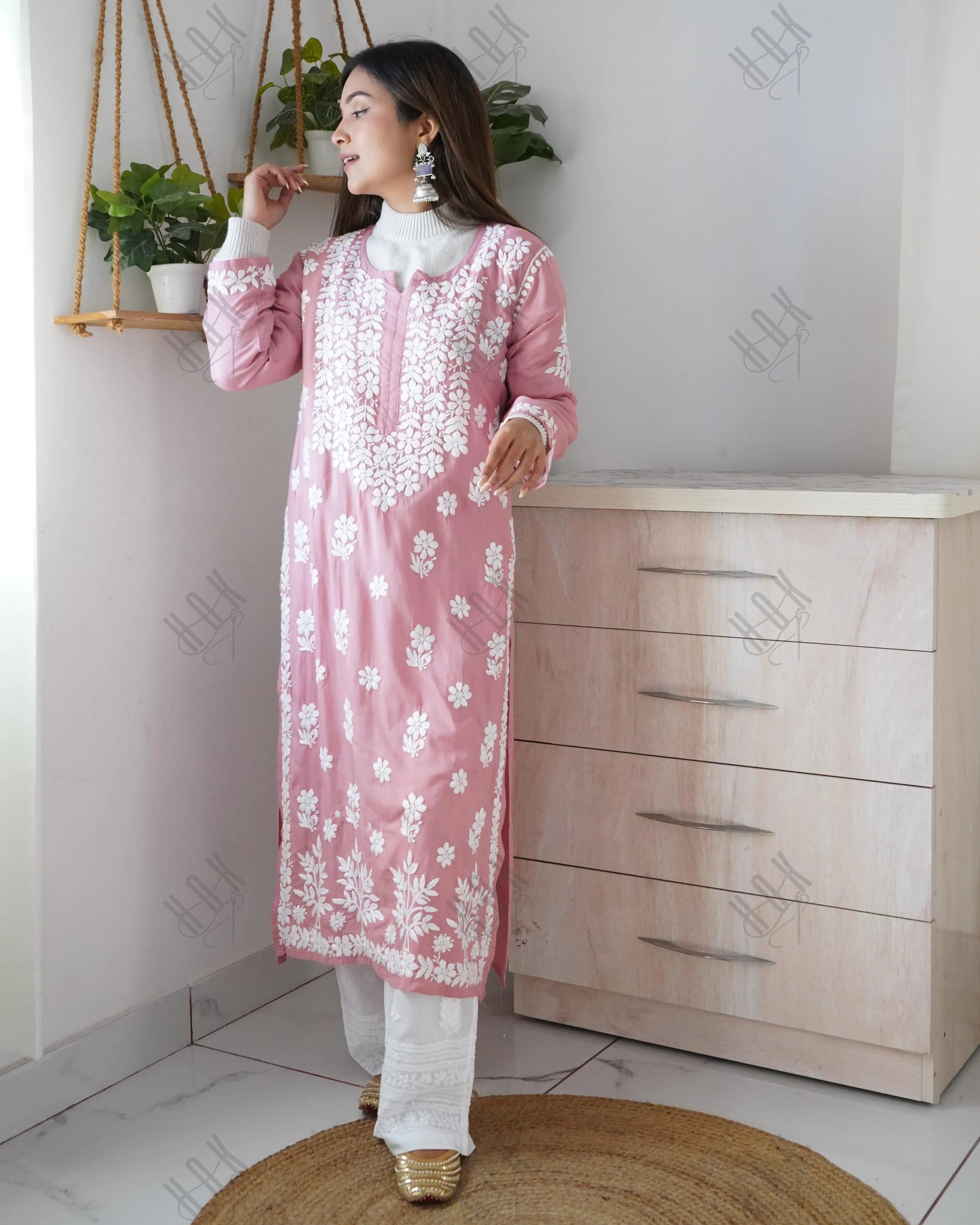 Arti Chauhan in Premium Hand Embroidery Chikankari Kurta Modal Cotton- Pink