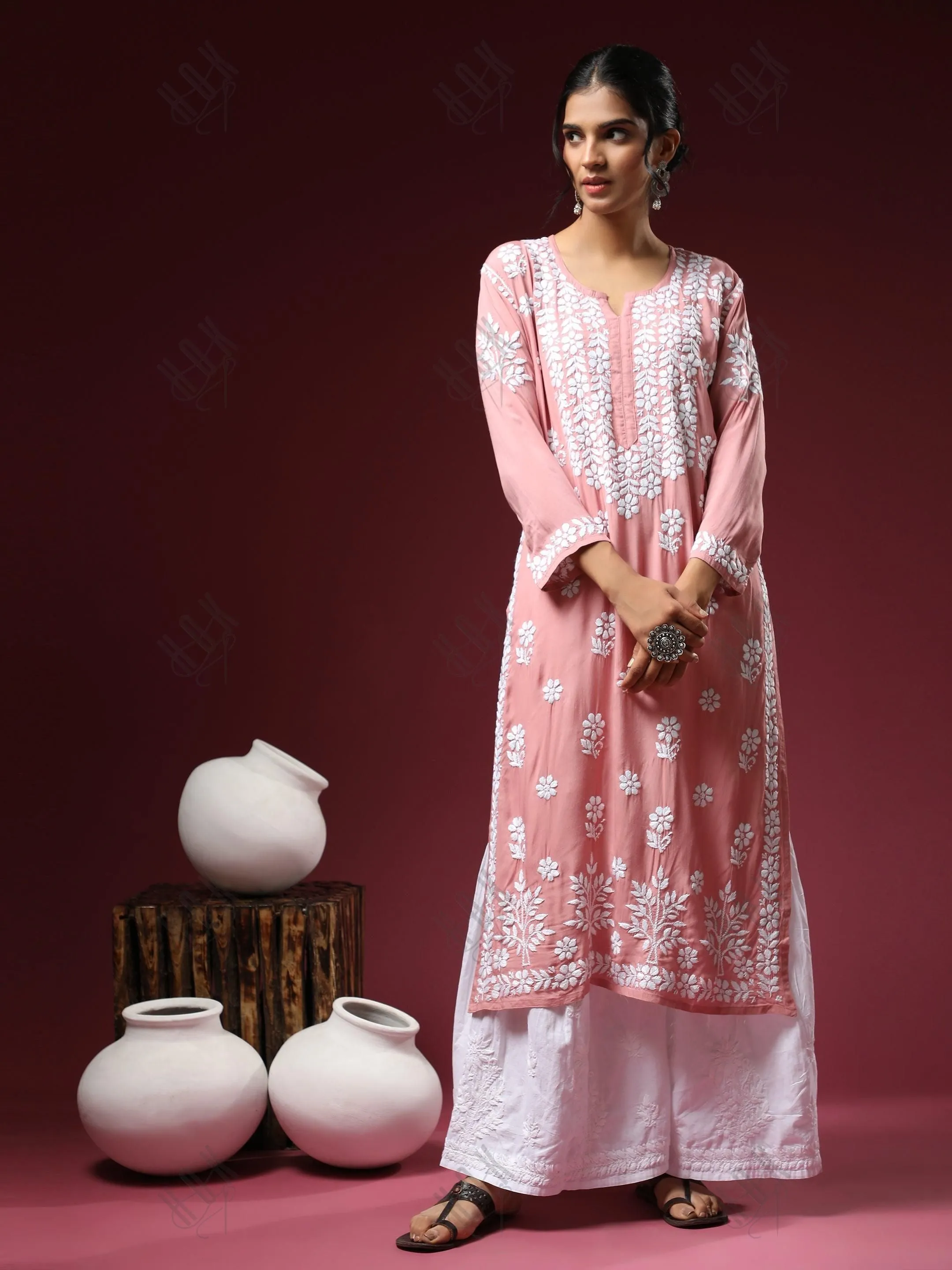 Arti Chauhan in Premium Hand Embroidery Chikankari Kurta Modal Cotton- Pink