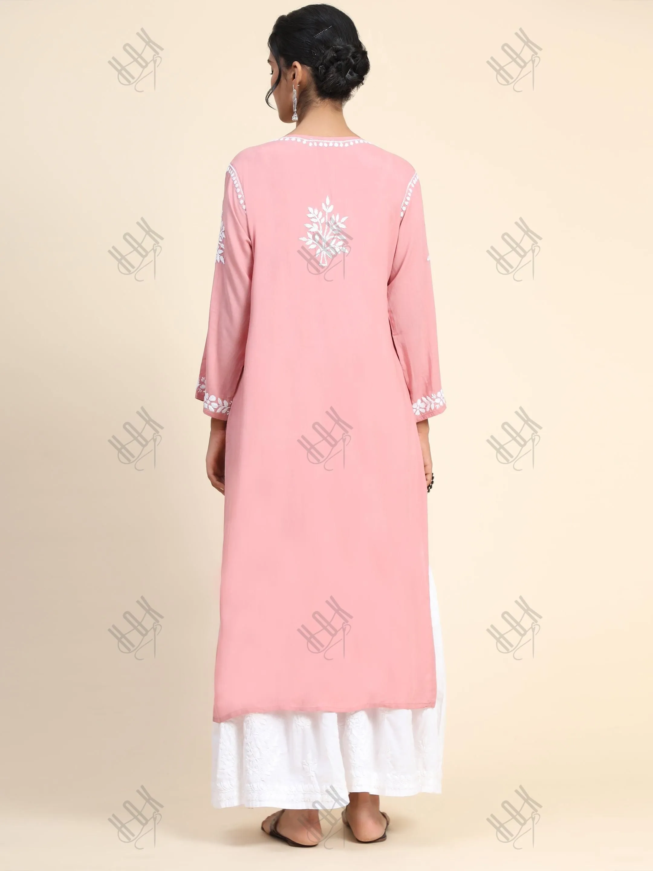 Arti Chauhan in Premium Hand Embroidery Chikankari Kurta Modal Cotton- Pink