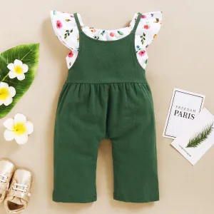 Baby Girl Floral Sleeveless Top and Solid Color Suspender Pants Two-piece Outfit Set