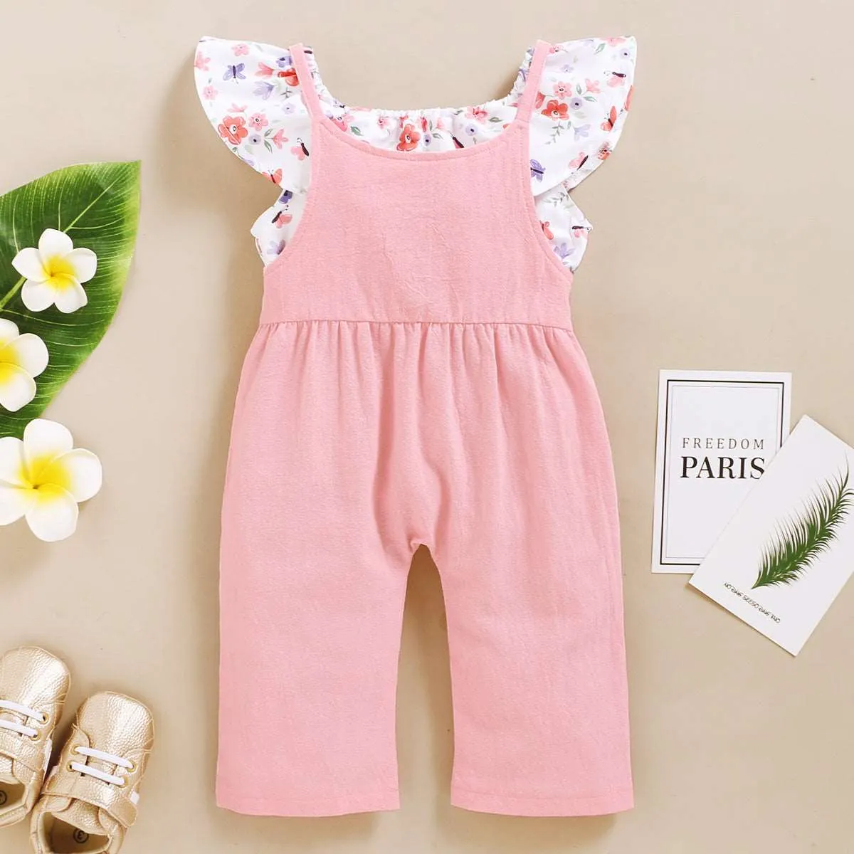 Baby Girl Floral Sleeveless Top and Solid Color Suspender Pants Two-piece Outfit Set