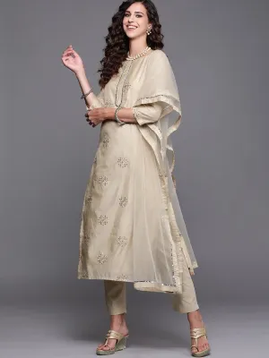 Beige Embroidered Kurta with Pants and Dupatta