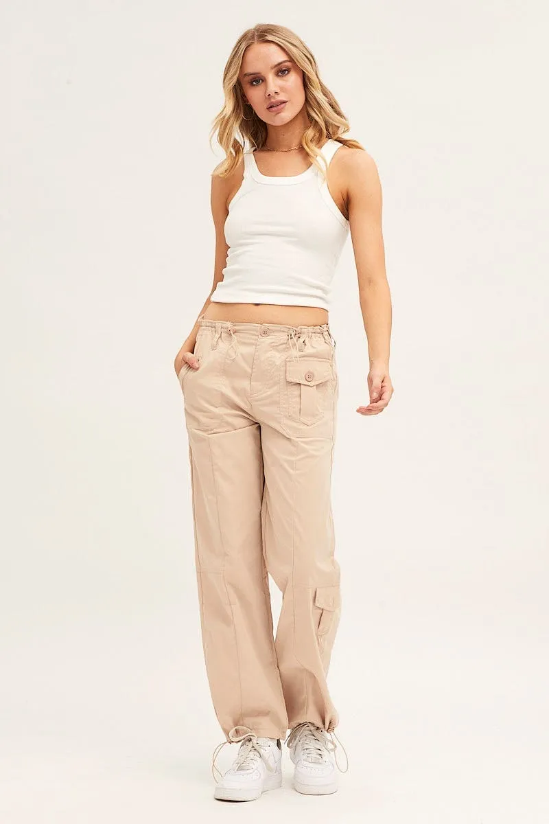 Beige Pants Strap Waist Cargo