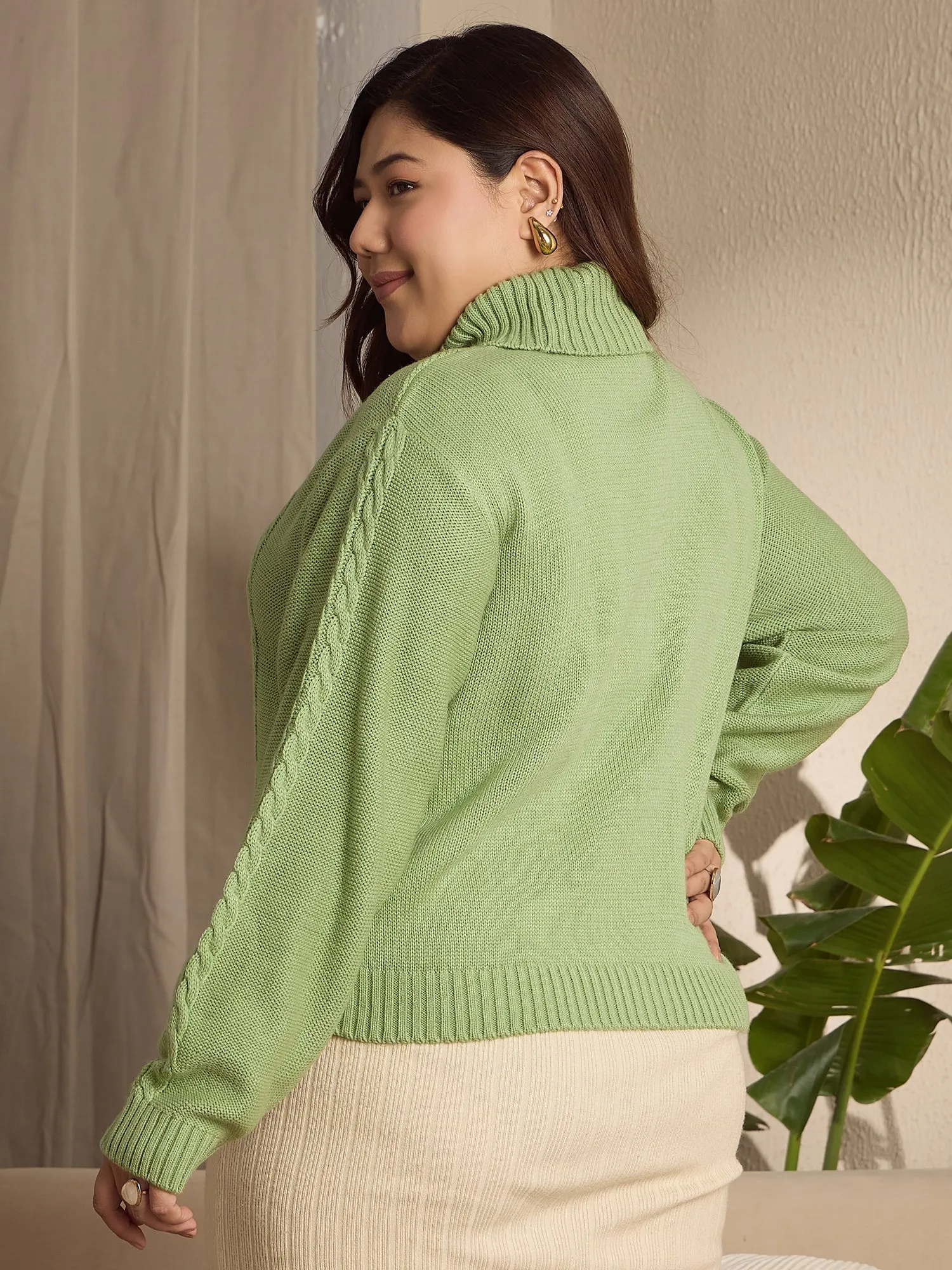 Berrylush Curve Women Solid Light Green Turtle Neck Acrylic Ribbed Hem Cable Knitted Regular Sweater