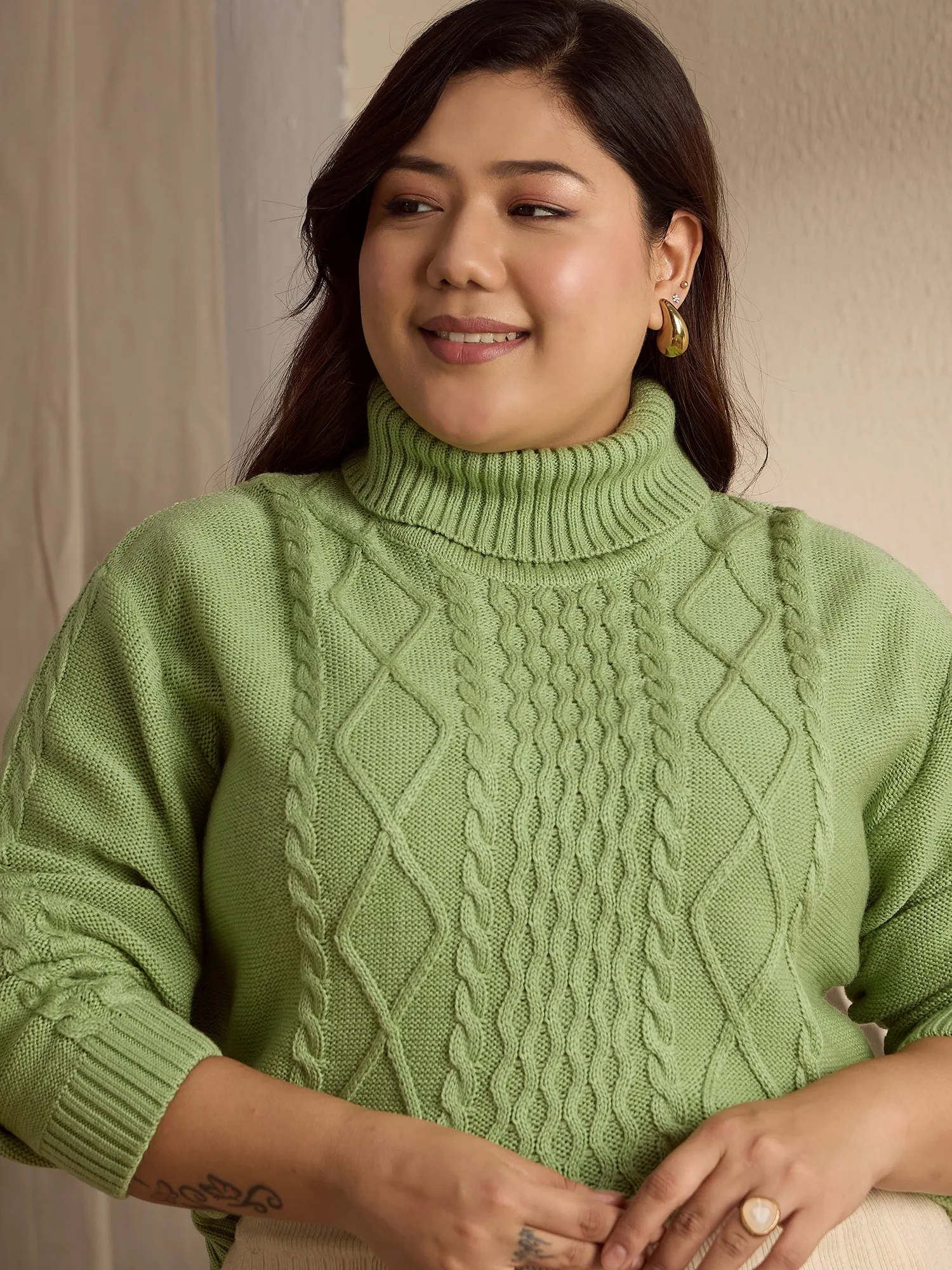 Berrylush Curve Women Solid Light Green Turtle Neck Acrylic Ribbed Hem Cable Knitted Regular Sweater