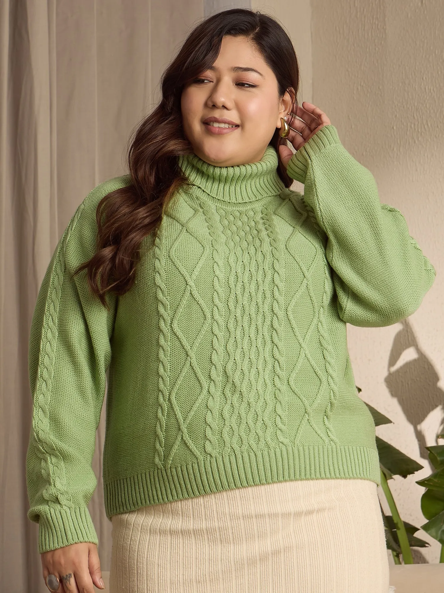 Berrylush Curve Women Solid Light Green Turtle Neck Acrylic Ribbed Hem Cable Knitted Regular Sweater