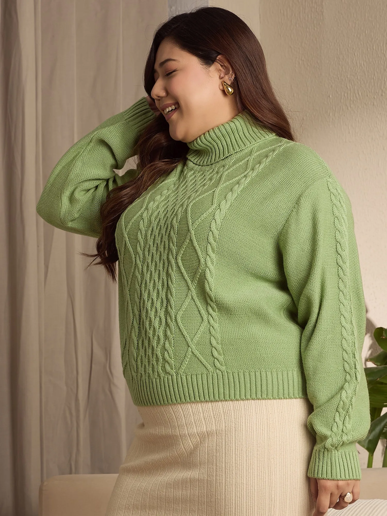 Berrylush Curve Women Solid Light Green Turtle Neck Acrylic Ribbed Hem Cable Knitted Regular Sweater