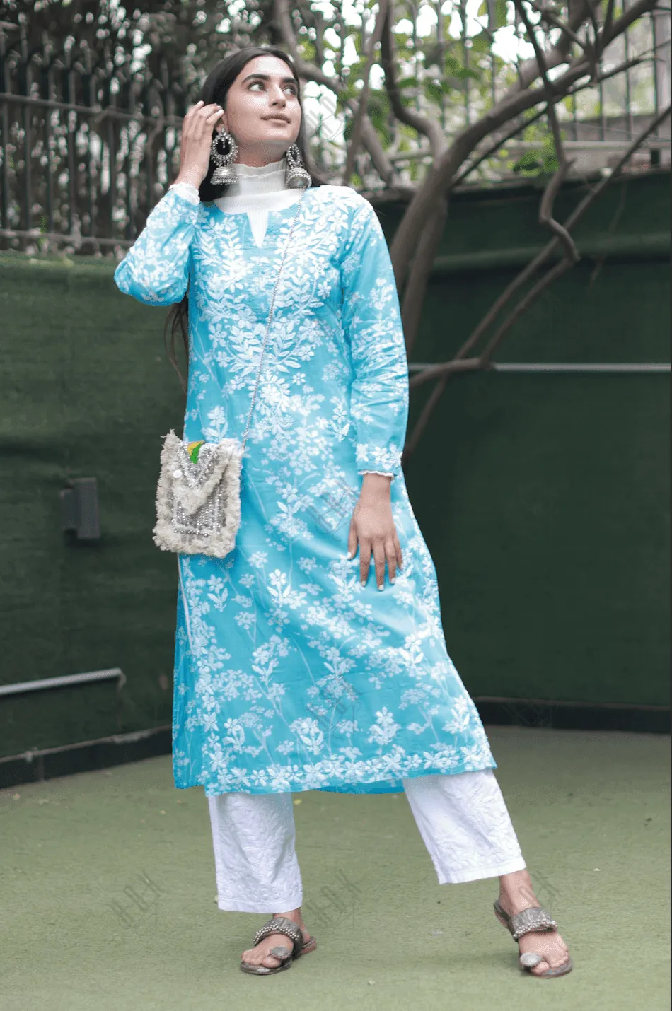 Bhavdeep in Noor Mul Printed  Hand Embroidery Chikankari Kurta- Light Blue