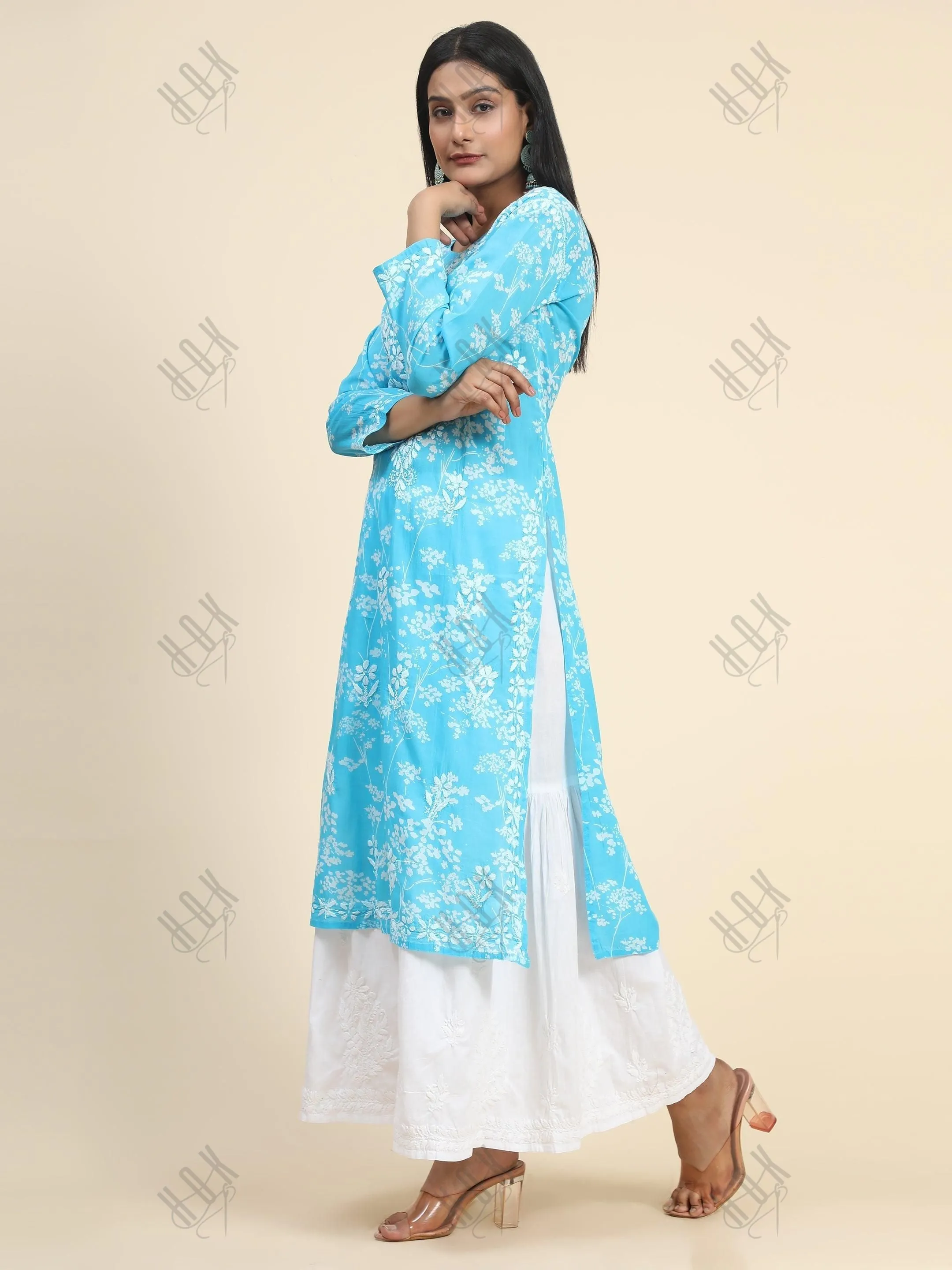 Bhavdeep in Noor Mul Printed  Hand Embroidery Chikankari Kurta- Light Blue