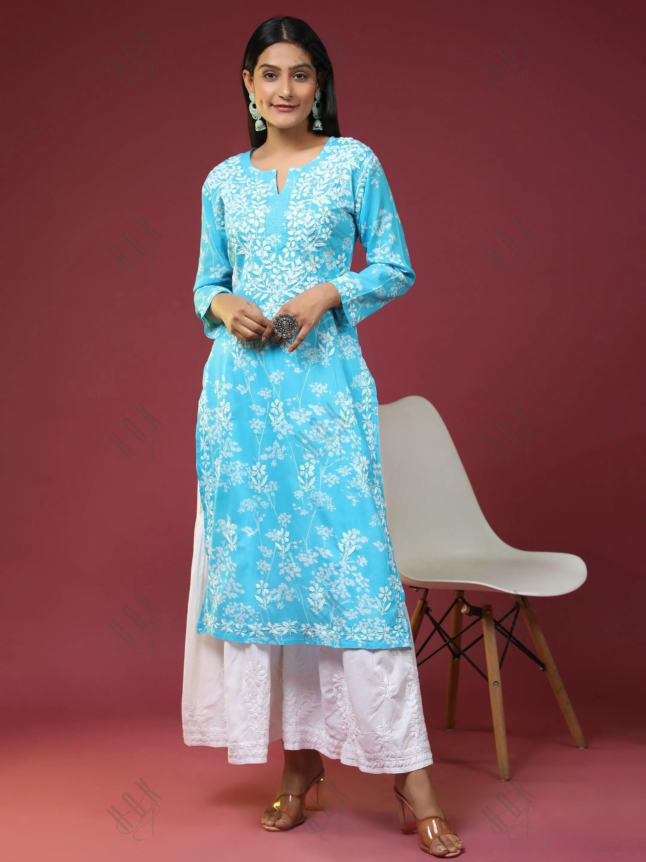 Bhavdeep in Noor Mul Printed  Hand Embroidery Chikankari Kurta- Light Blue