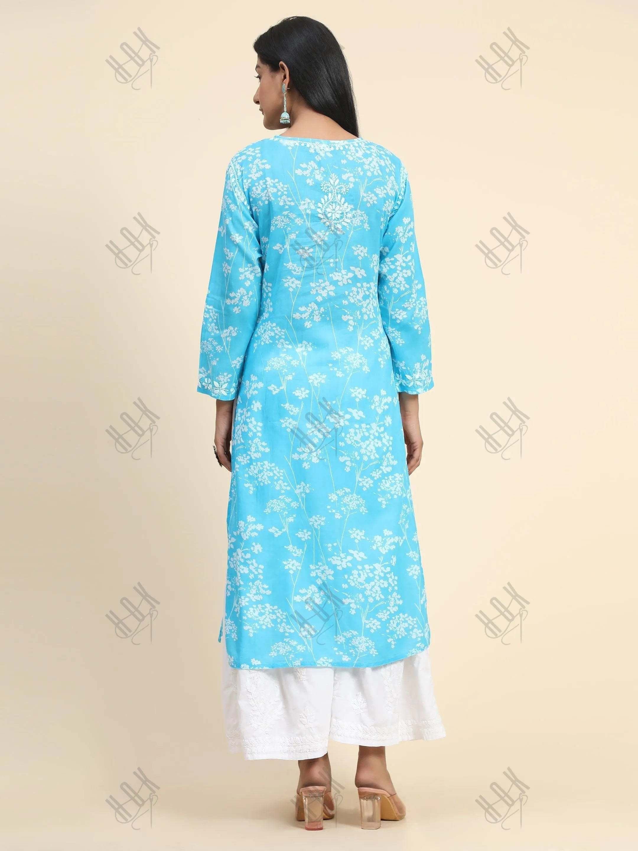 Bhavdeep in Noor Mul Printed  Hand Embroidery Chikankari Kurta- Light Blue