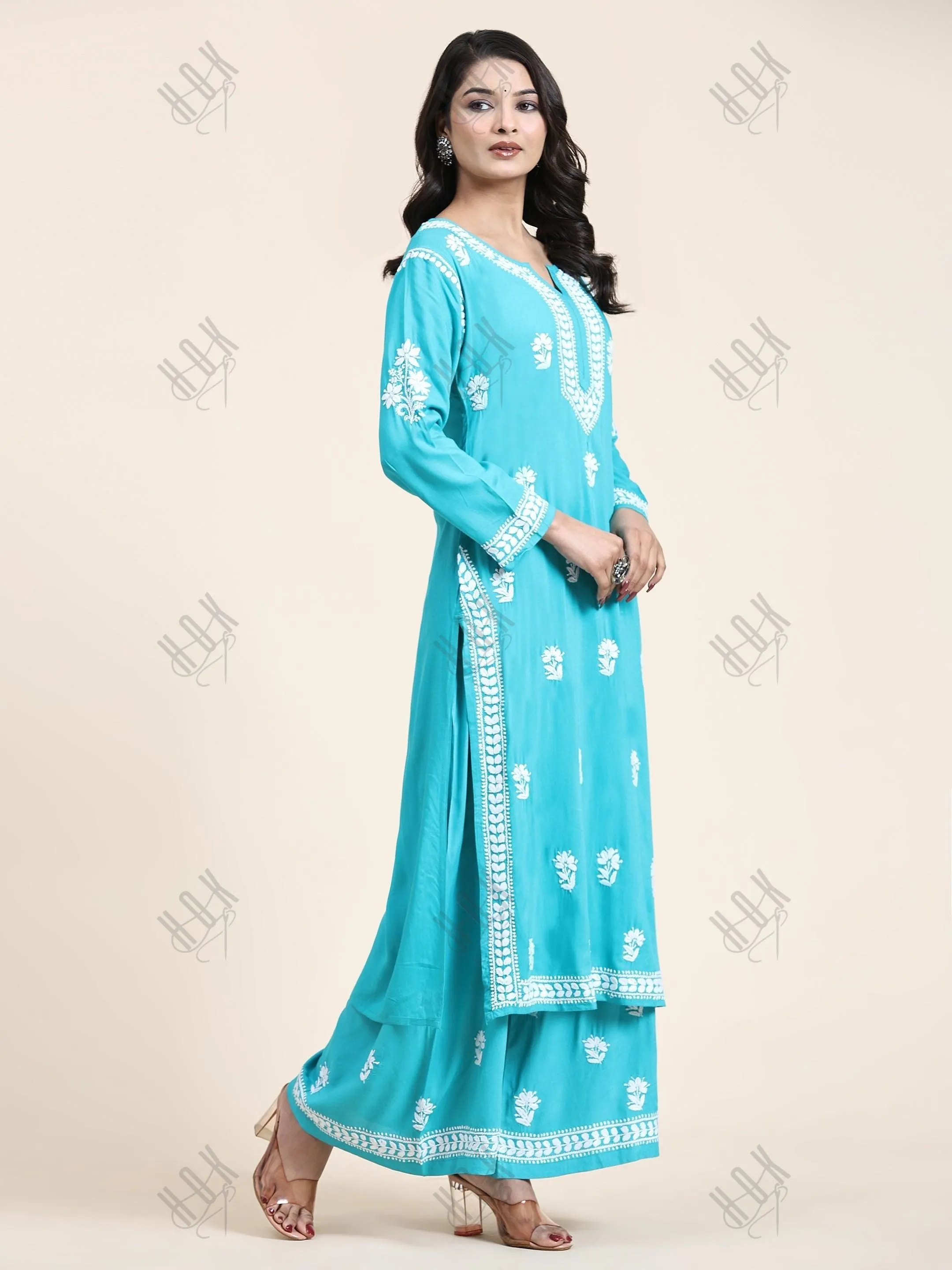 Bhavna in Noor Chikankari CO-ORD Set In Rayon for Women In Blue Turquoise