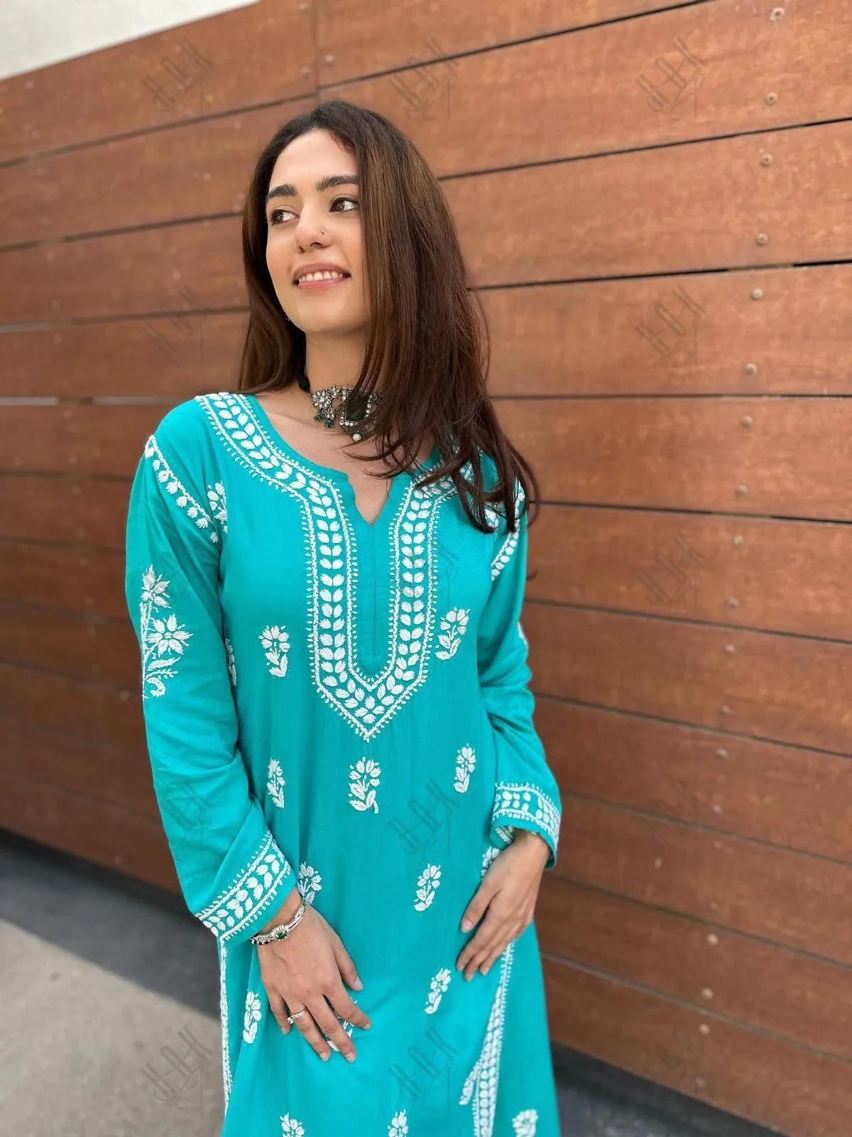 Bhavna in Noor Chikankari CO-ORD Set In Rayon for Women In Blue Turquoise