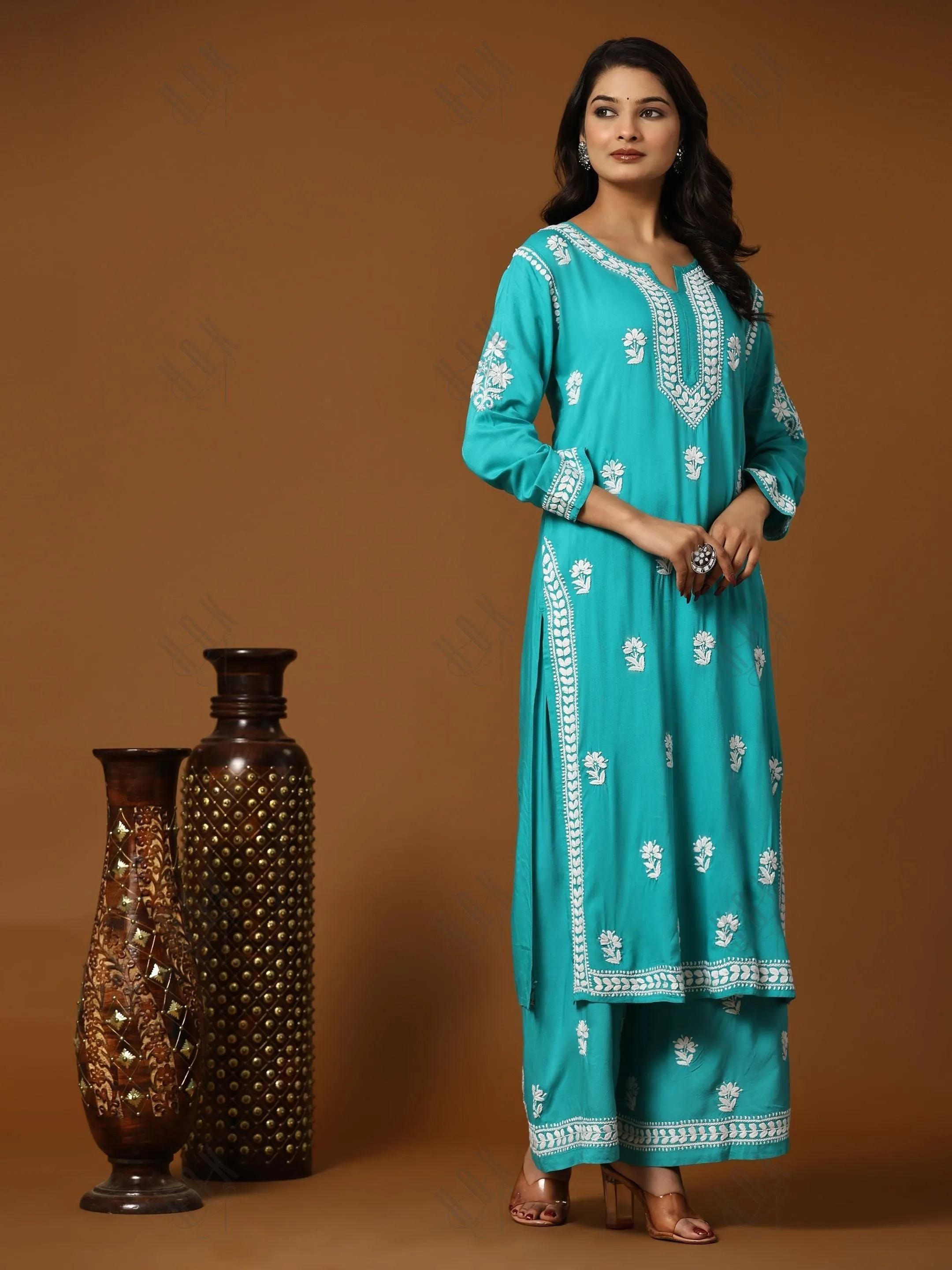 Bhavna in Noor Chikankari CO-ORD Set In Rayon for Women In Blue Turquoise