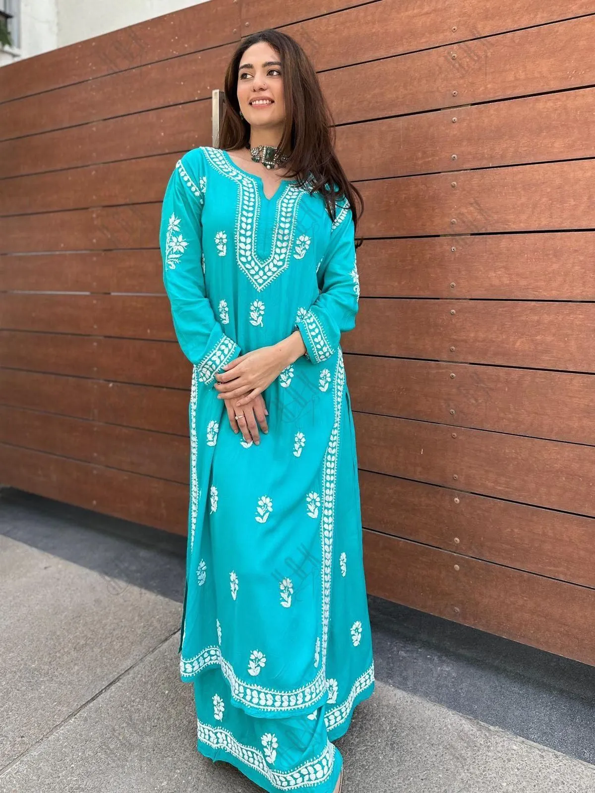 Bhavna in Noor Chikankari CO-ORD Set In Rayon for Women In Blue Turquoise