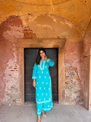 Bhavna in Noor Chikankari CO-ORD Set In Rayon for Women In Blue Turquoise