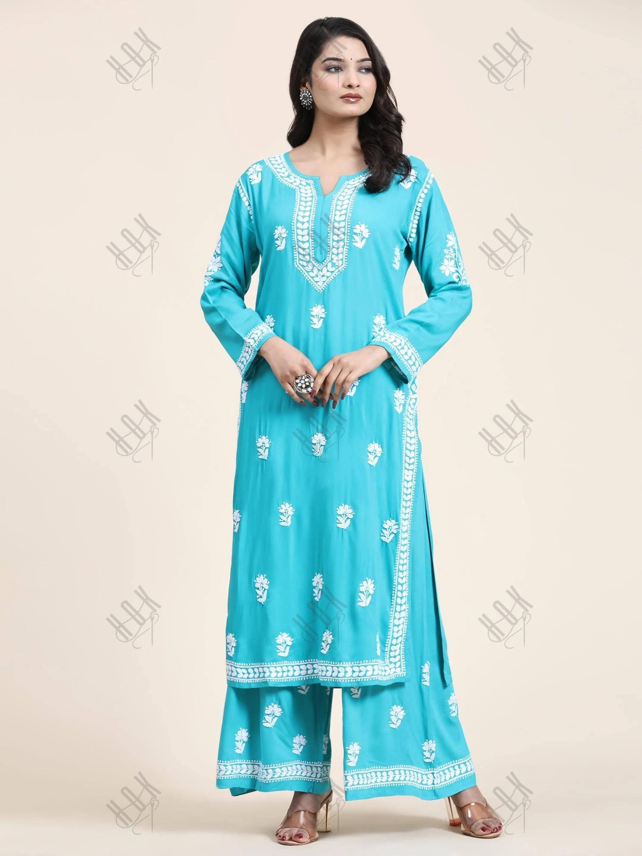 Bhavna in Noor Chikankari CO-ORD Set In Rayon for Women In Blue Turquoise