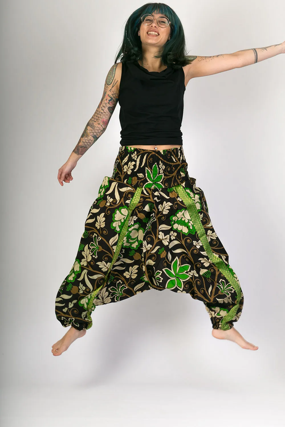 Black Green Print Cotton Harem Jumpsuit Pants