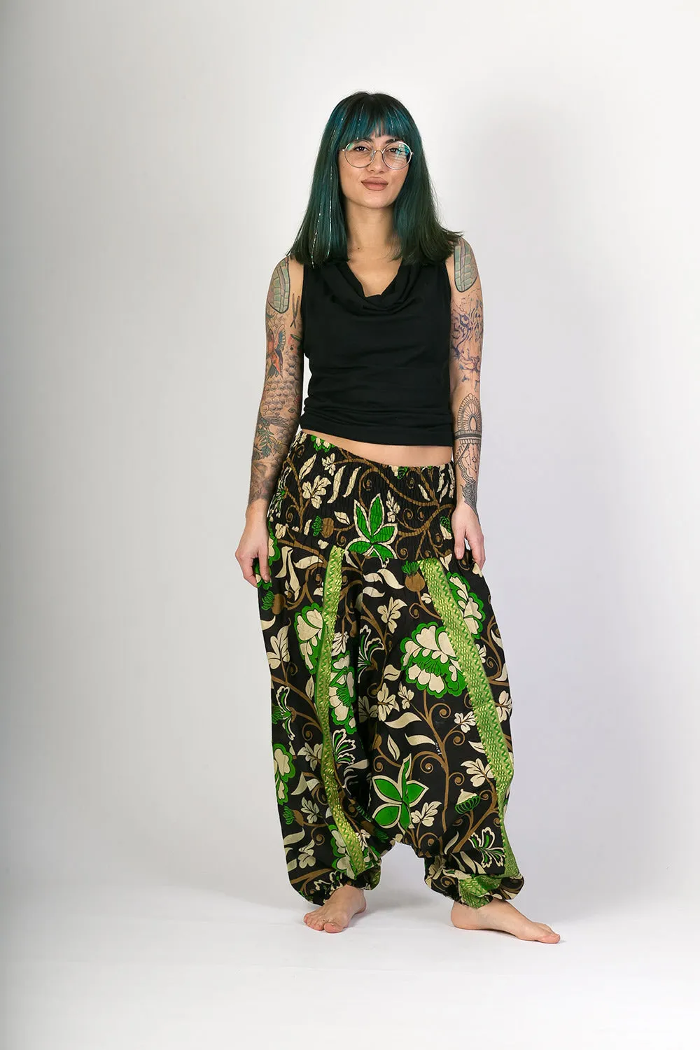 Black Green Print Cotton Harem Jumpsuit Pants