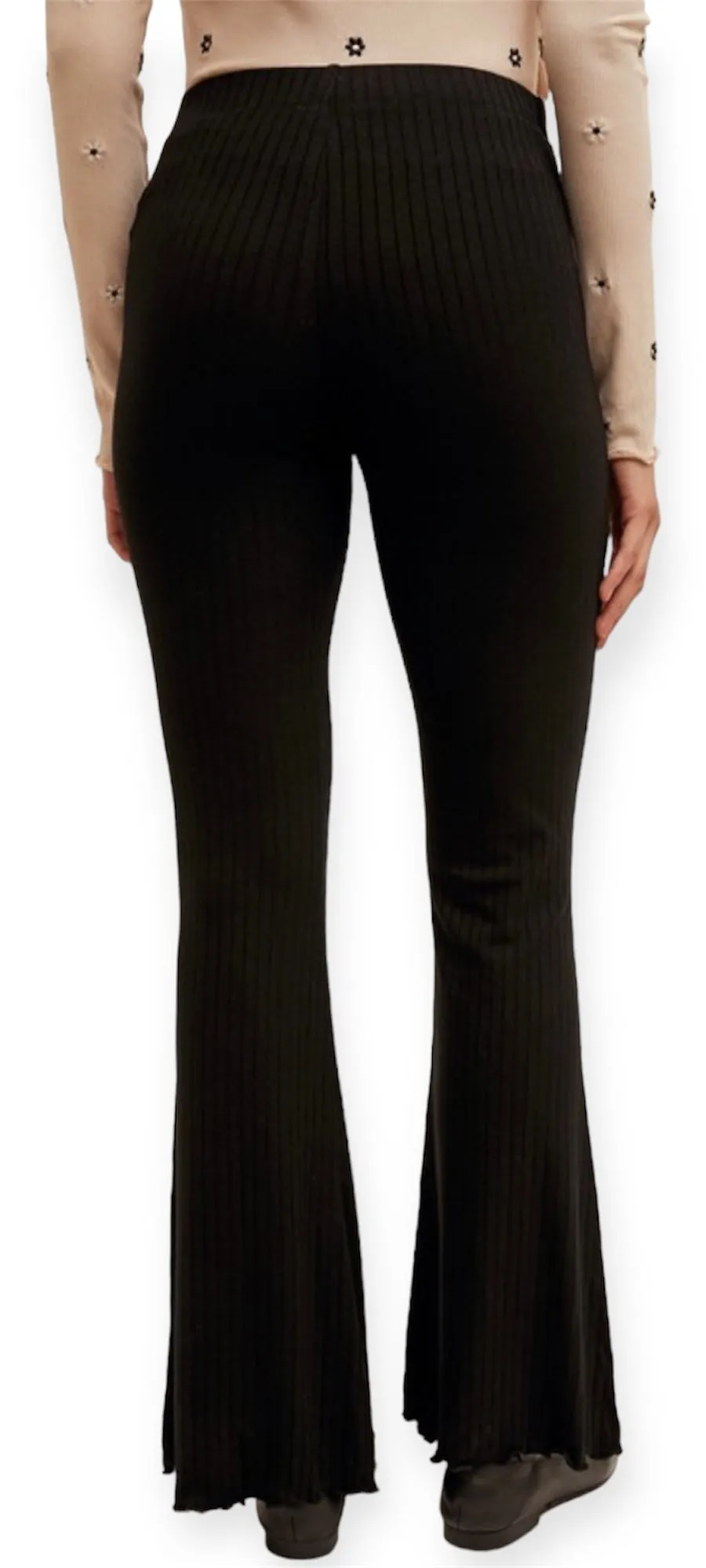 Black Ribbed Knit Flare Pants