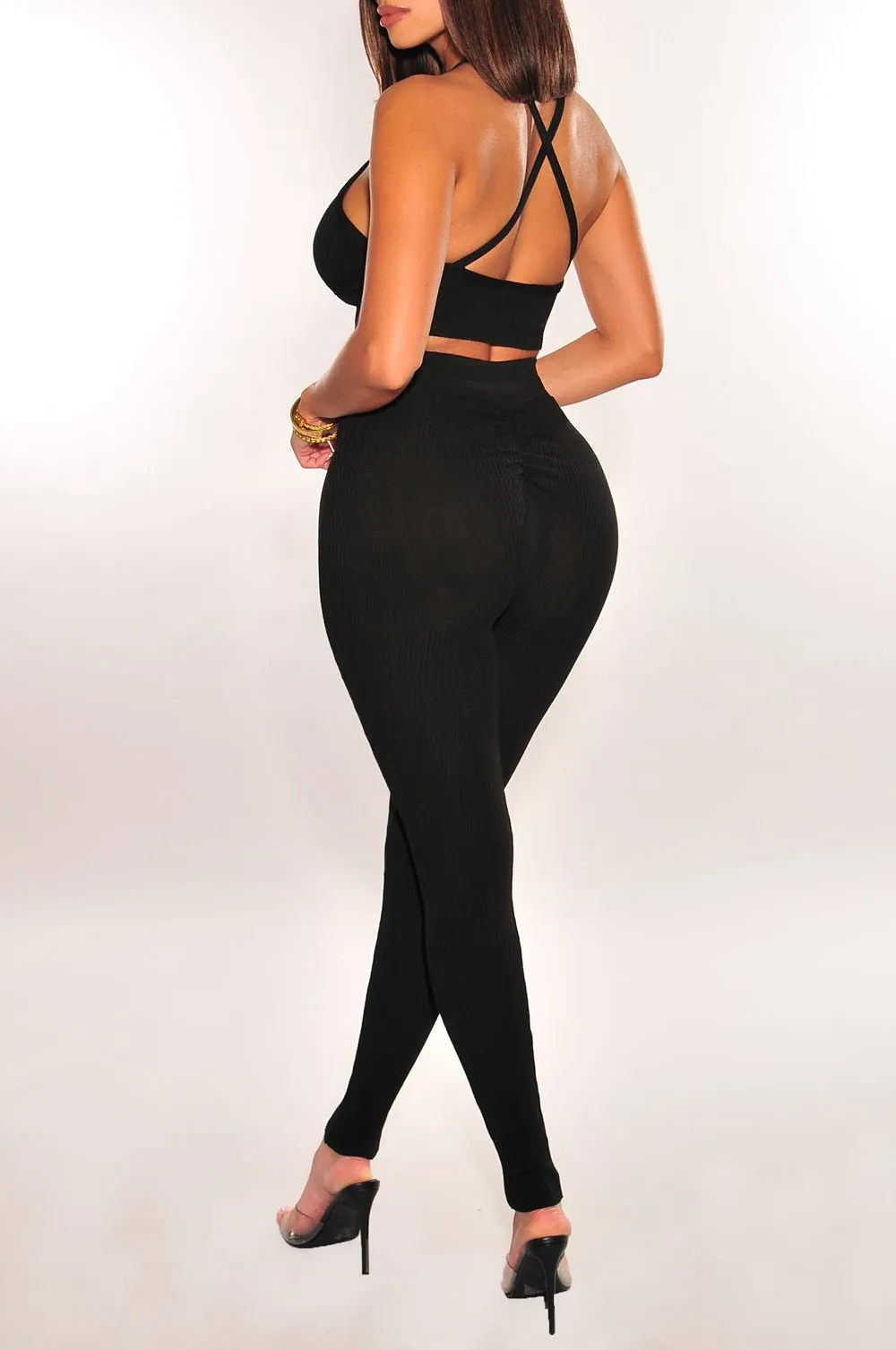 Black Spaghetti Strap Scrunch Butt Leggings Two Piece Set