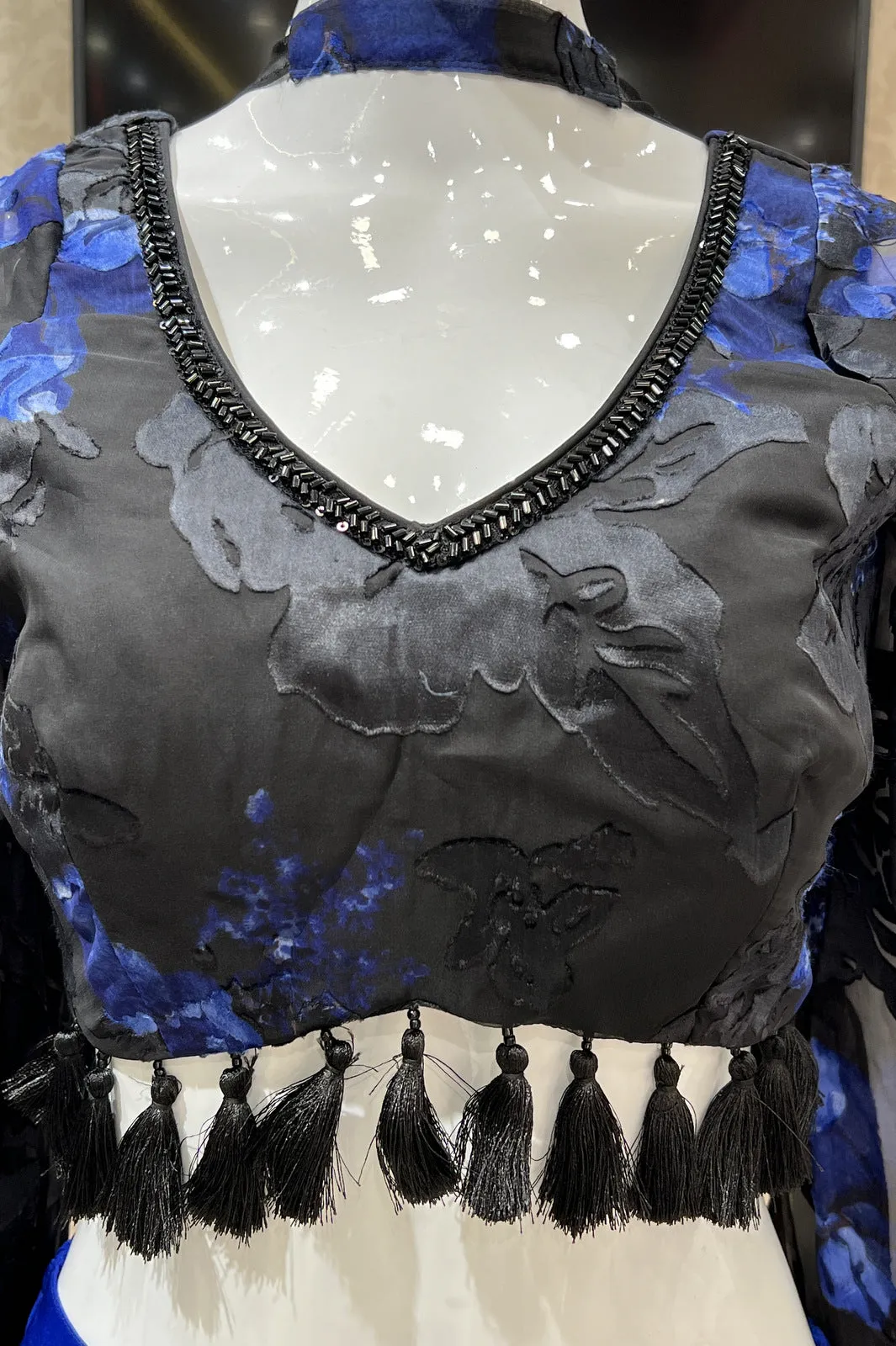 Black with Royal Blue Floral Print and Beads work Crop Top with Palazzo Pant