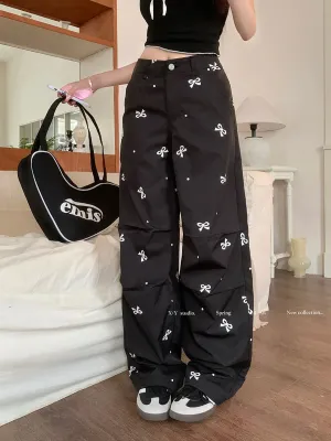 Bow Polka Dot Printed Korean Fashion Y2k Streetwear Loose Straight Wide Leg Pants