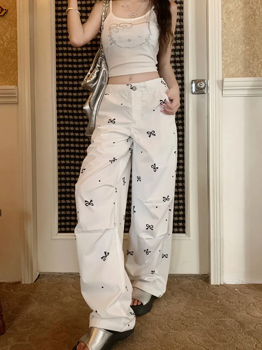 Bow Polka Dot Printed Korean Fashion Y2k Streetwear Loose Straight Wide Leg Pants