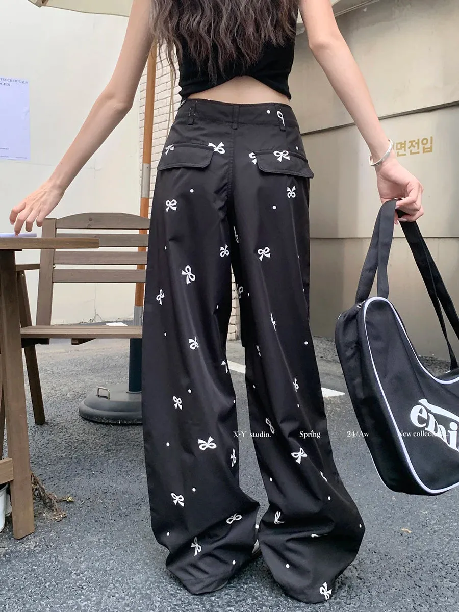 Bow Polka Dot Printed Korean Fashion Y2k Streetwear Loose Straight Wide Leg Pants