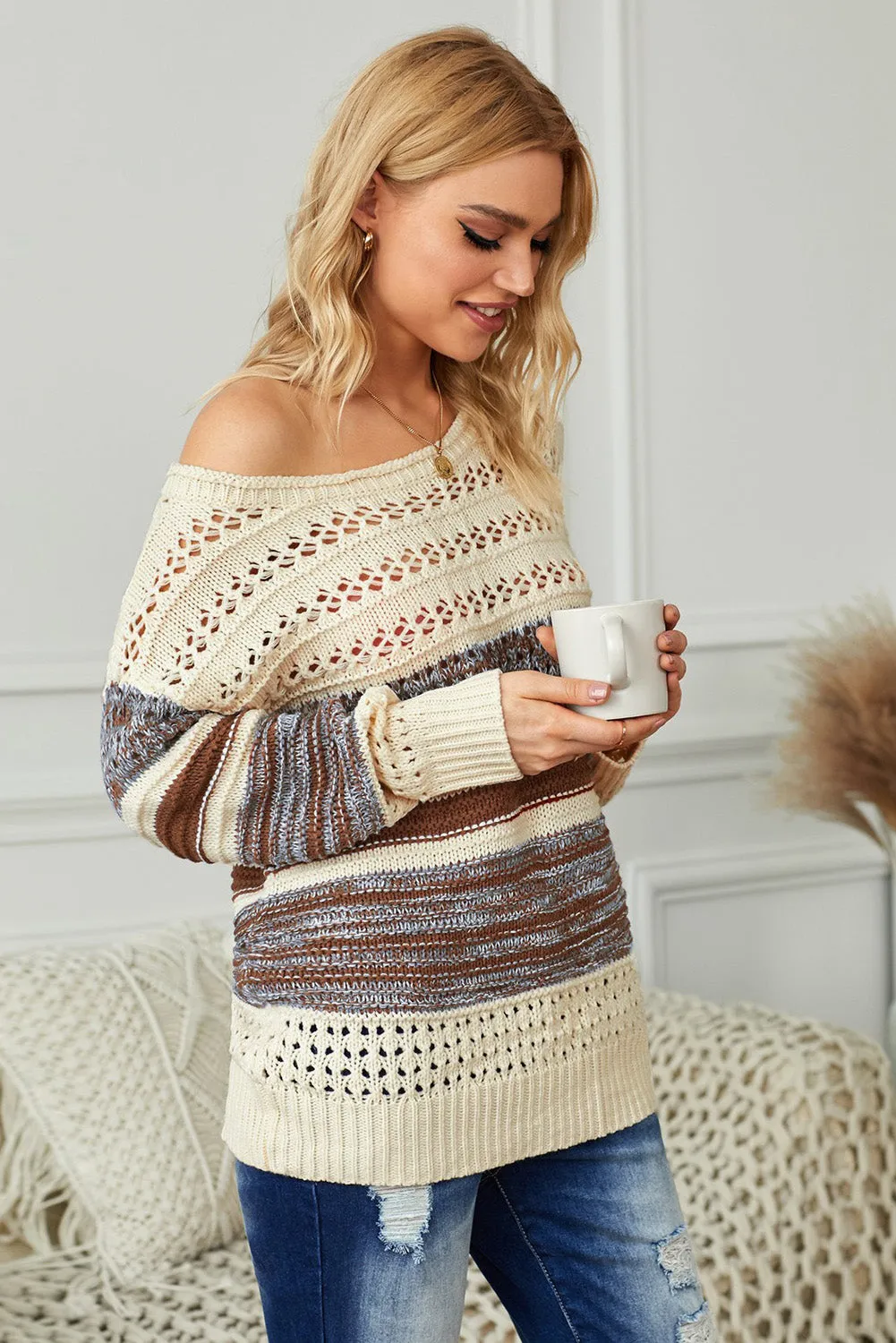 Brown Loose Openwork Round Neck Sweater