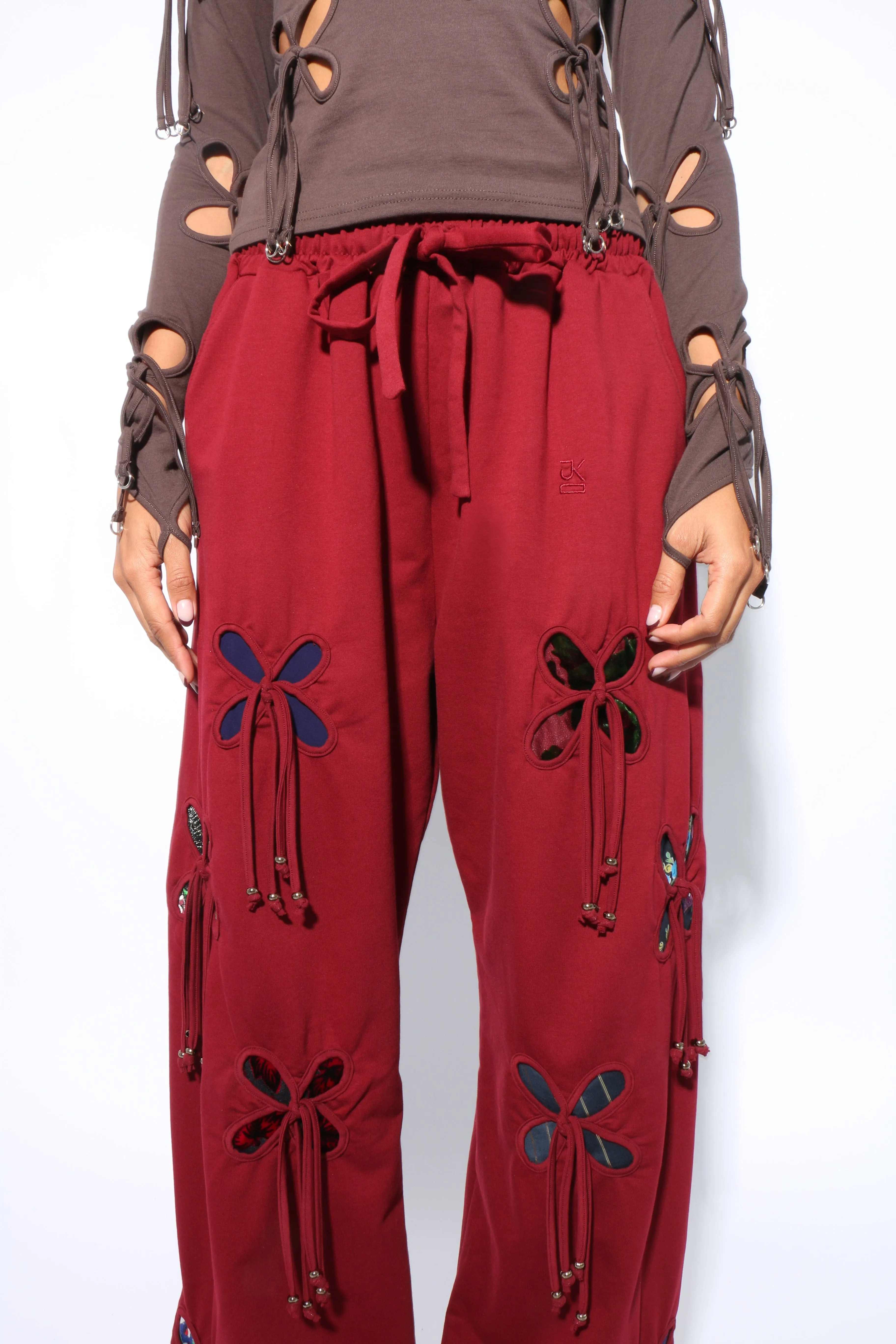 Burgundy Colorful Petals Pants