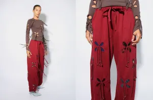 Burgundy Colorful Petals Pants