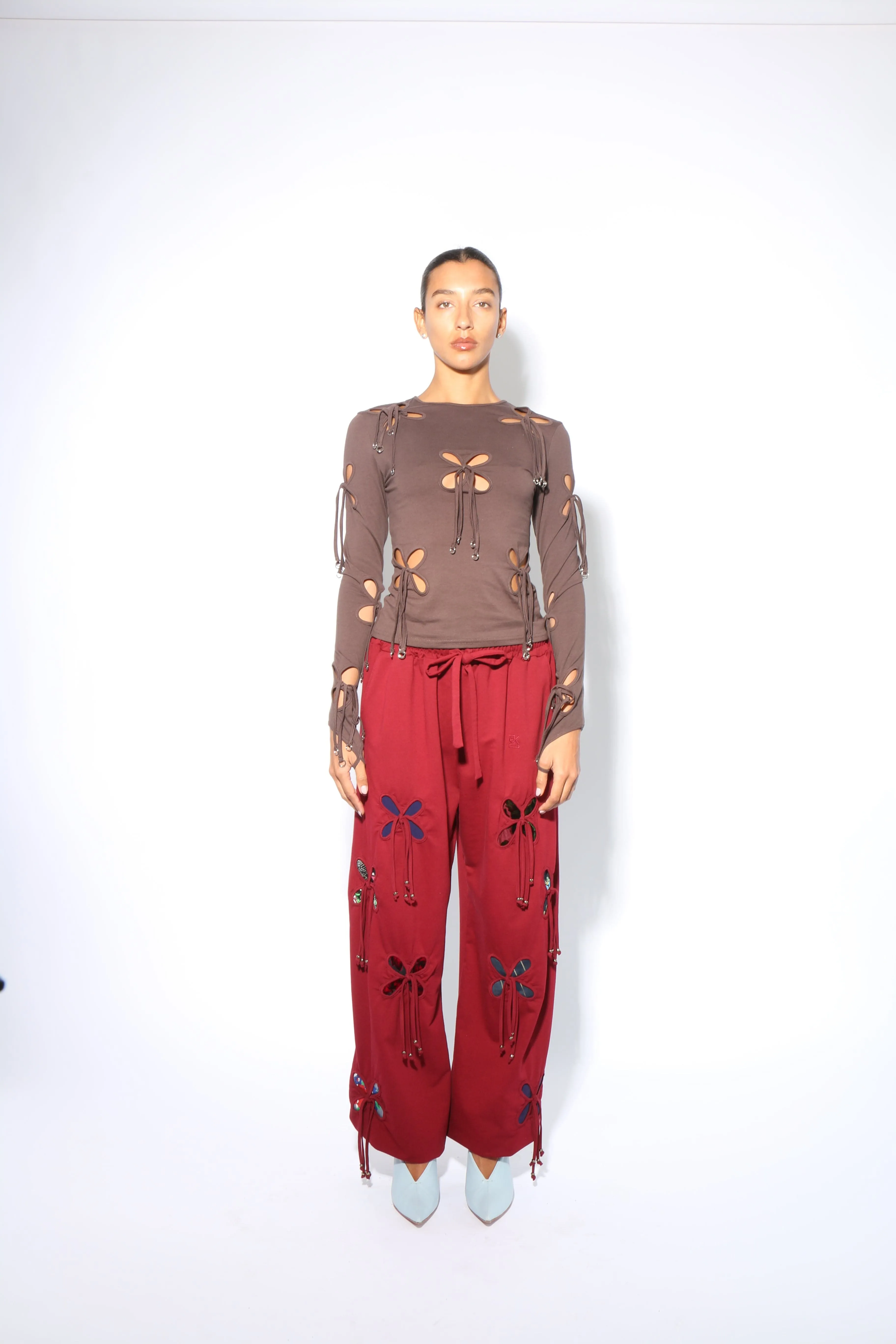 Burgundy Colorful Petals Pants