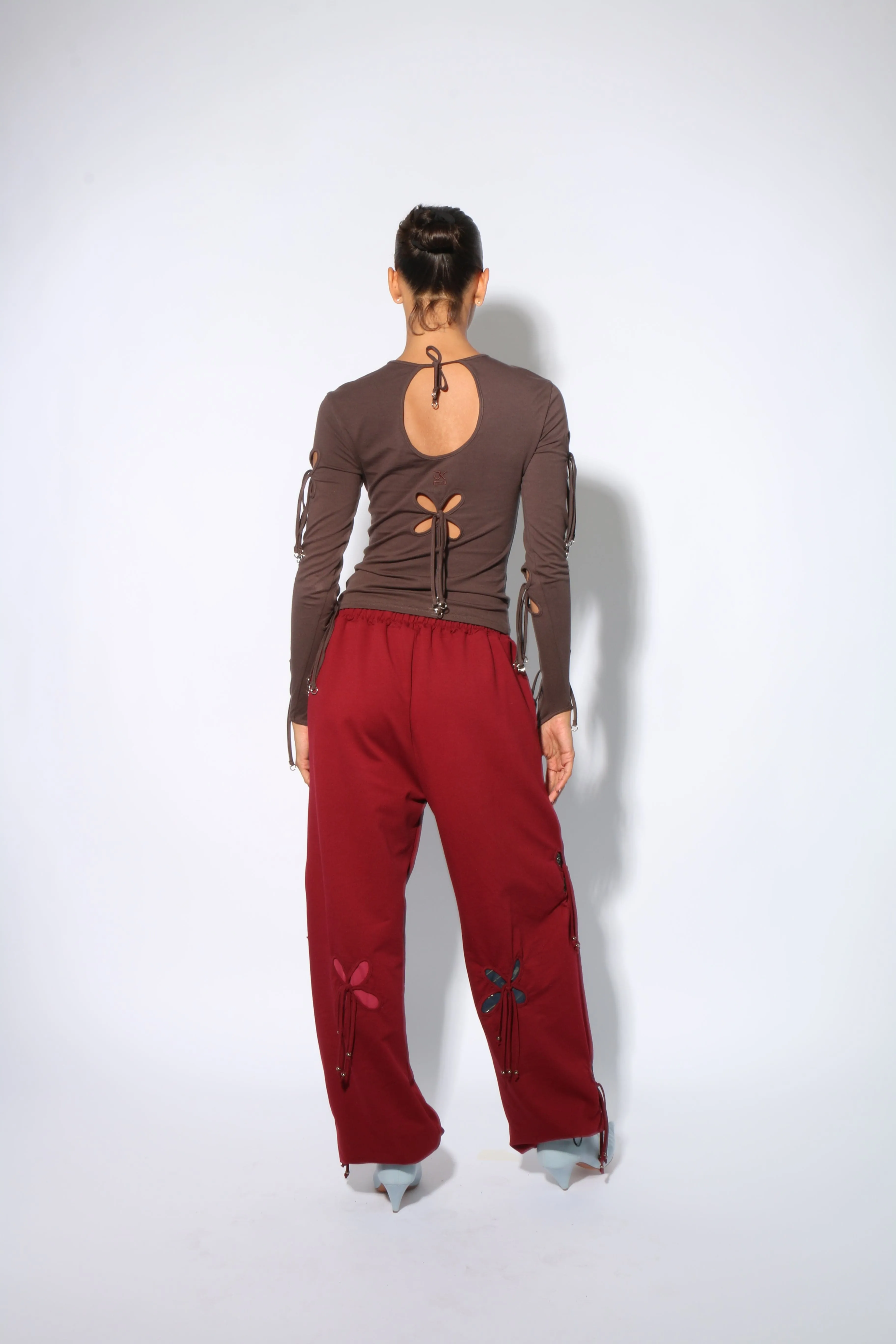 Burgundy Colorful Petals Pants