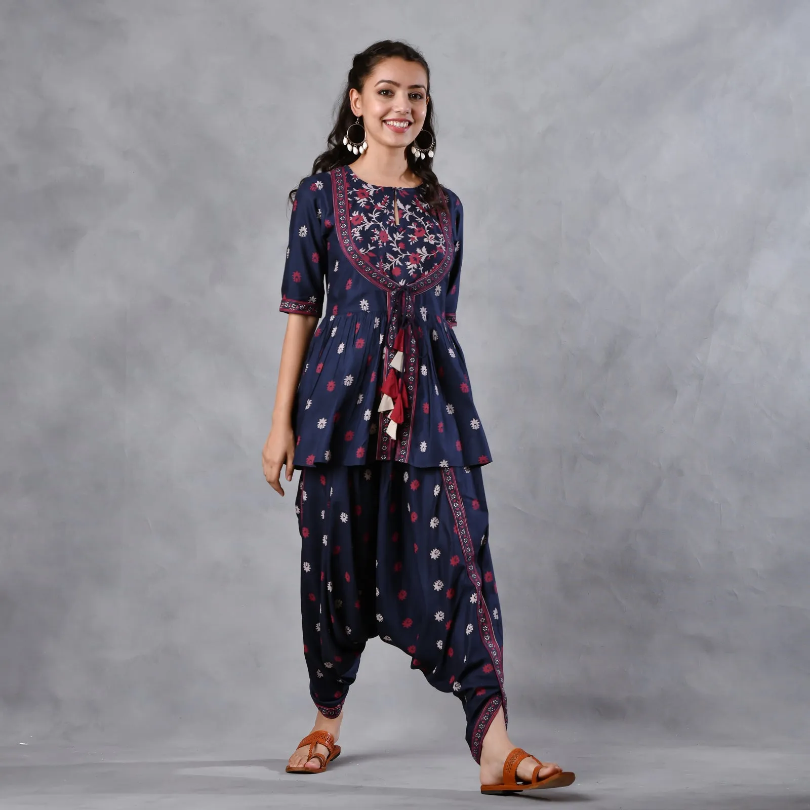 Deep Blue Gathered Top Dhoti Set with Yoke & Tassel Details